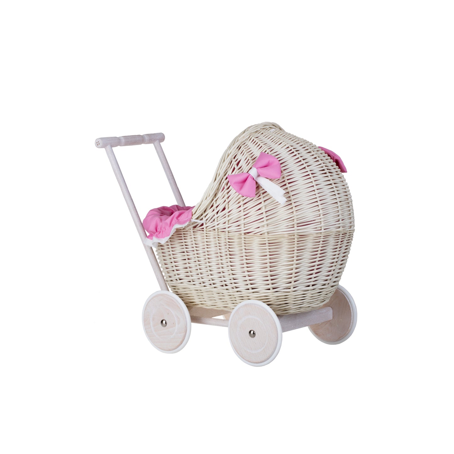 Lili wicker doll stroller with pink trim, blanket, and pillow