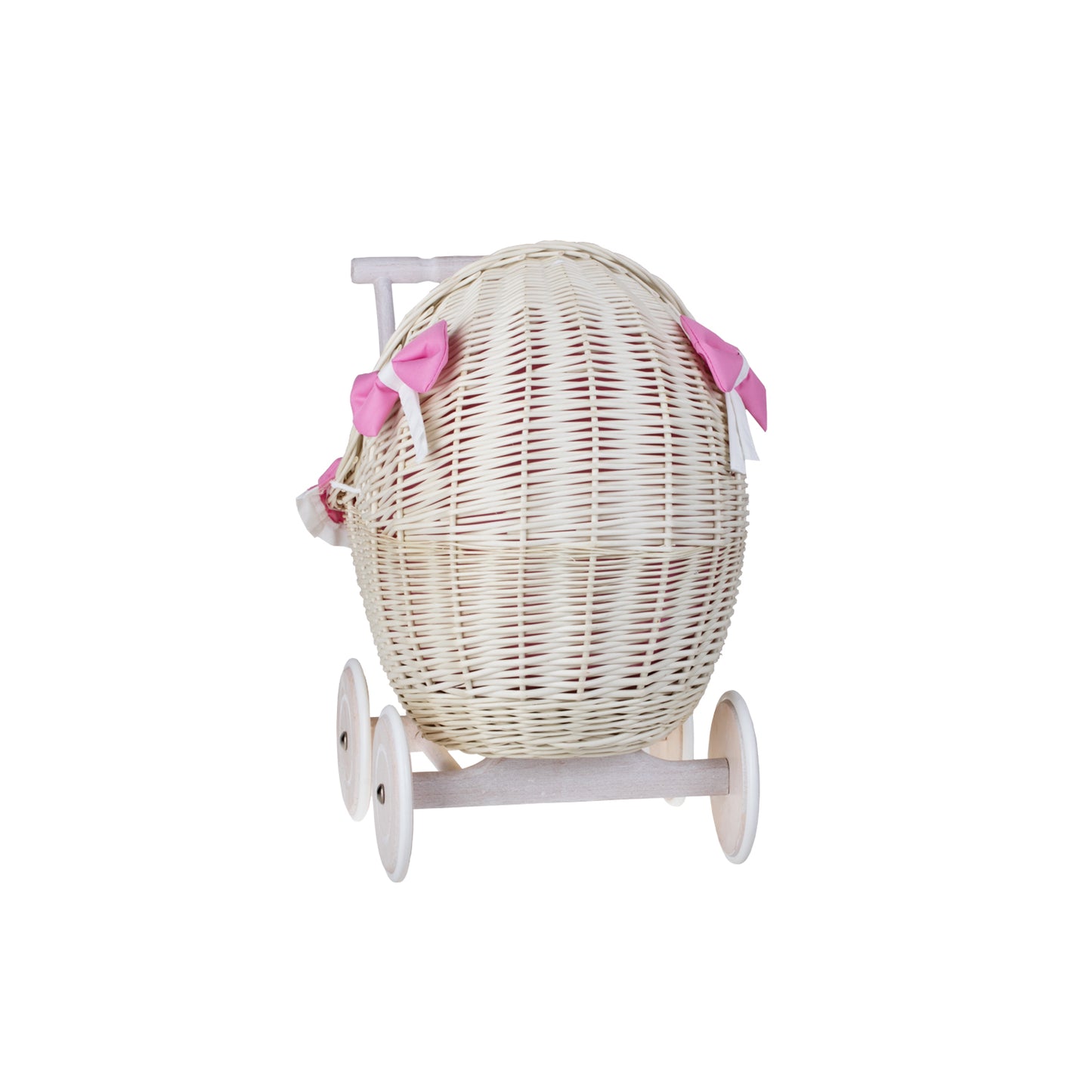 Lili wicker doll stroller with pink trim, blanket, and pillow