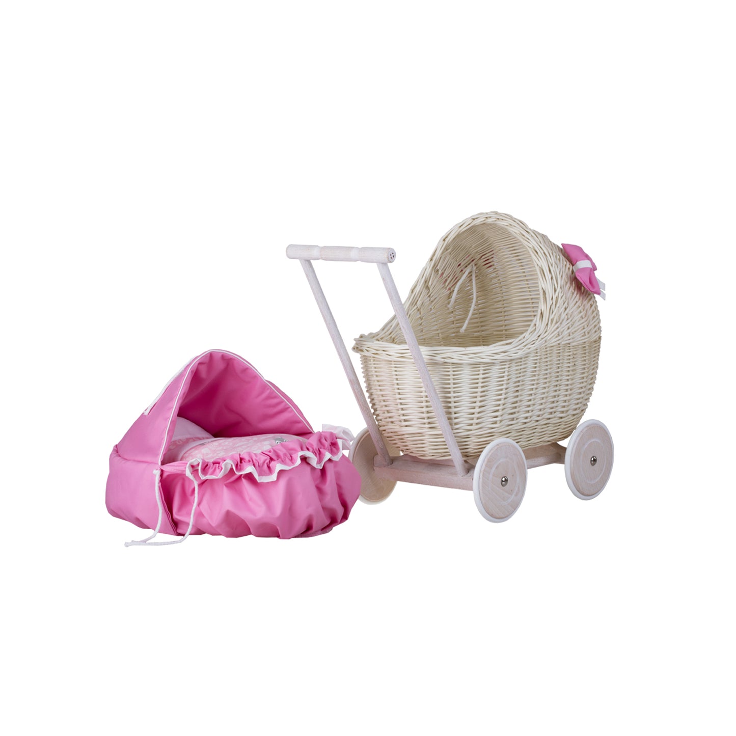 Lili wicker doll stroller with pink trim, blanket, and pillow