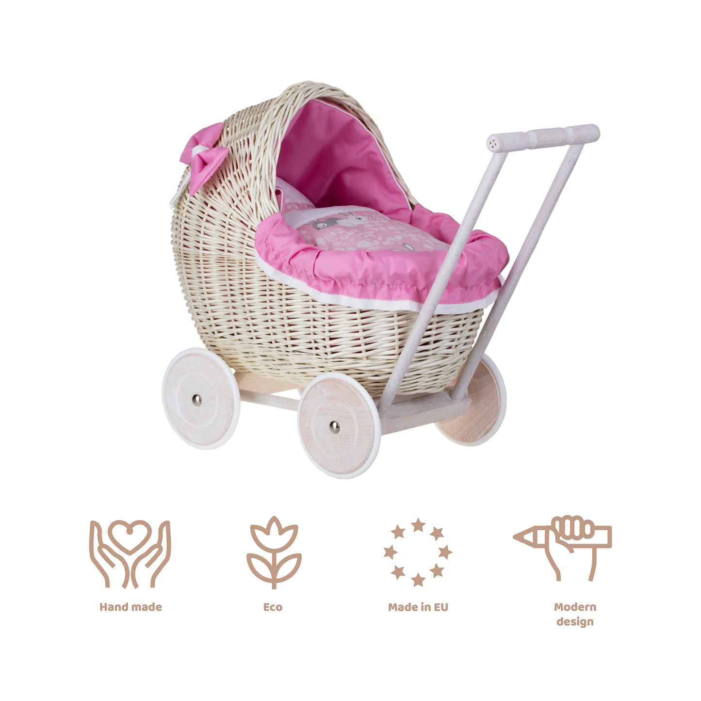 Lili wicker doll stroller with pink trim, blanket, and pillow