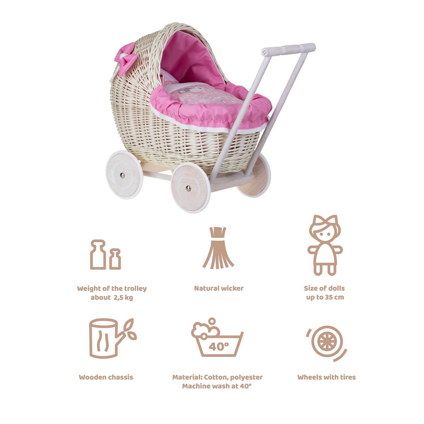 Lili wicker doll stroller with pink trim, blanket, and pillow