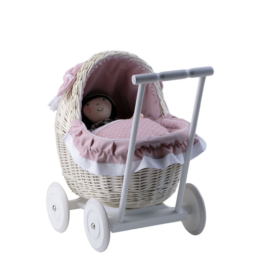 korgvagn för dockor med rosa kant, täcke och kudde