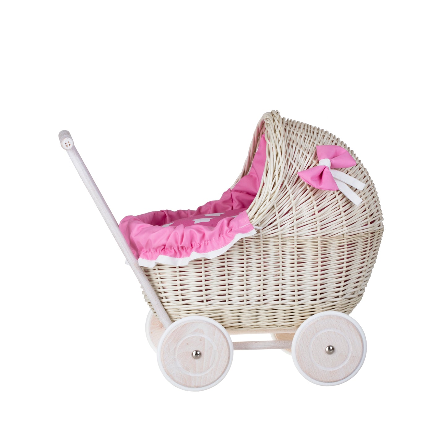 Lili wicker doll stroller with pink trim, blanket, and pillow