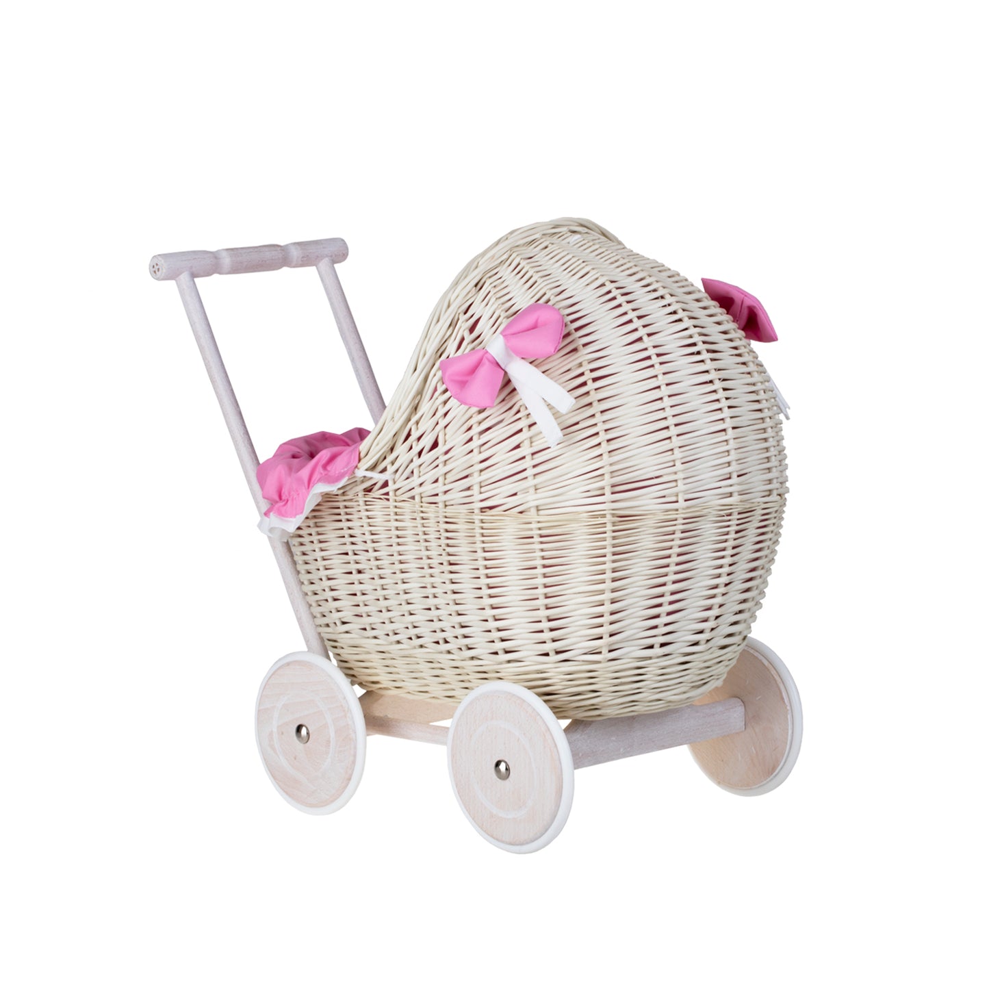 Lili wicker doll stroller with pink trim, blanket, and pillow
