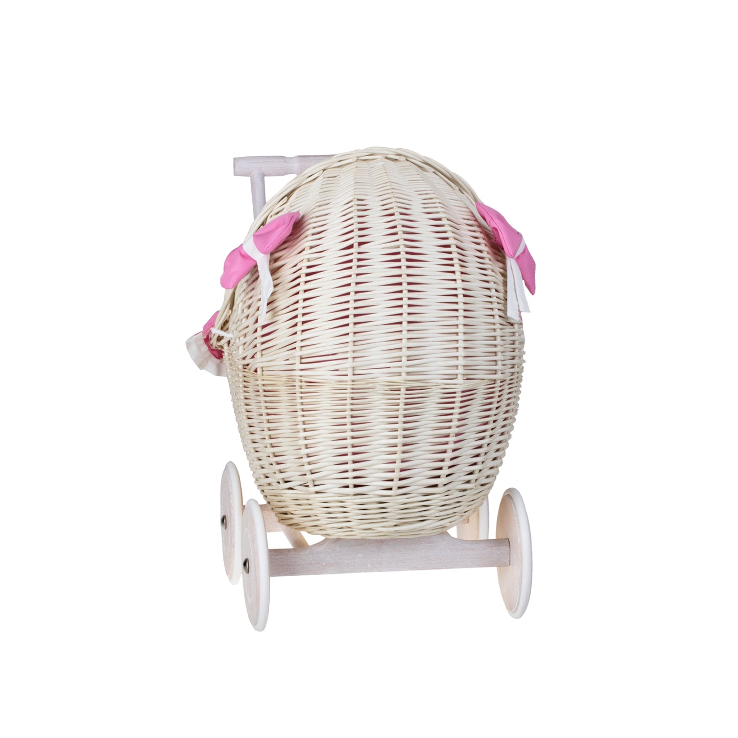 Lili wicker doll stroller with pink trim, blanket, and pillow