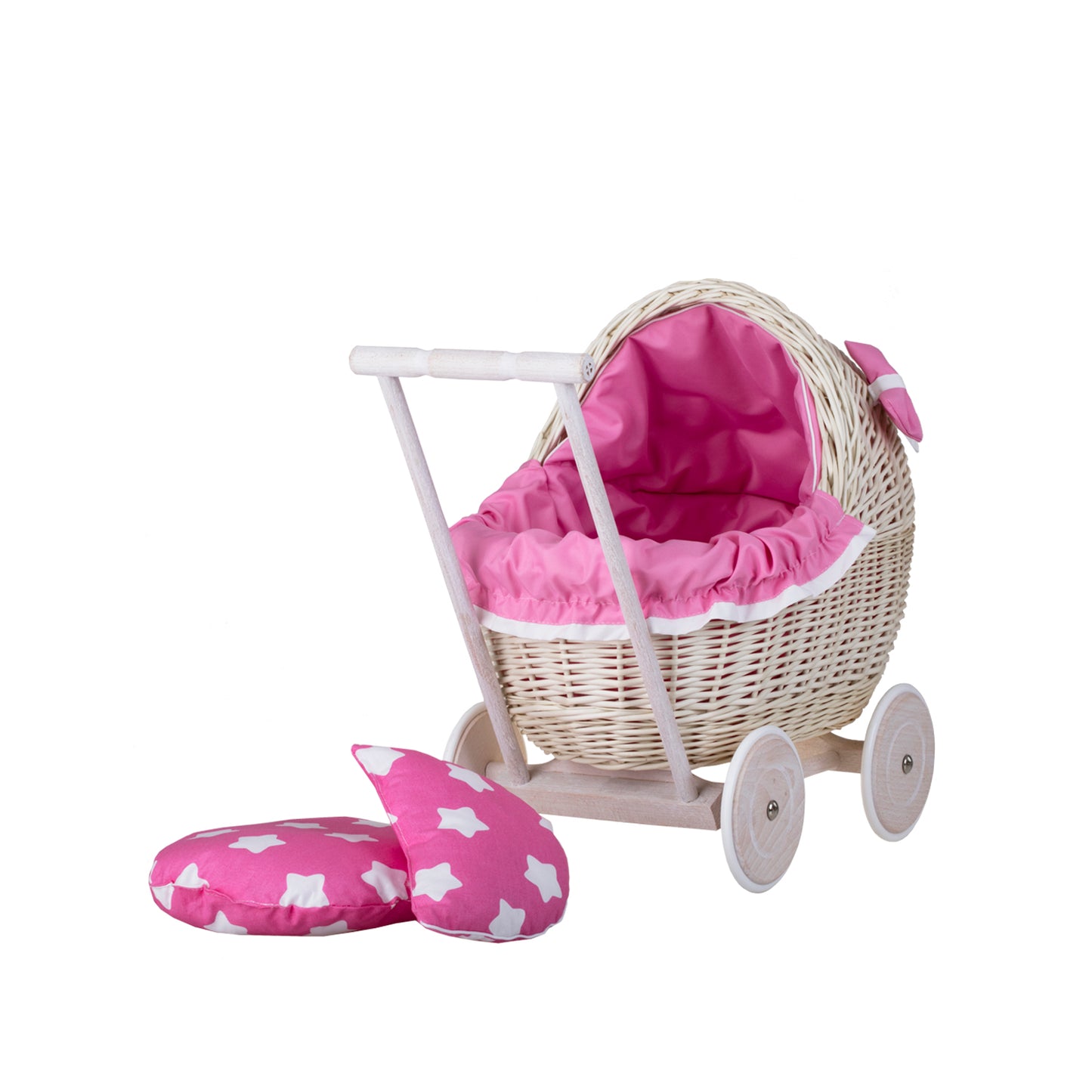 Lili wicker doll stroller with pink trim, blanket, and pillow