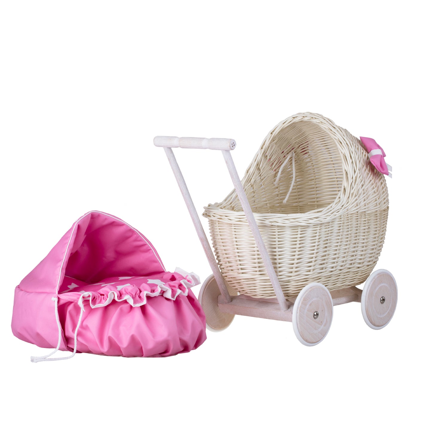 Lili wicker doll stroller with pink trim, blanket, and pillow