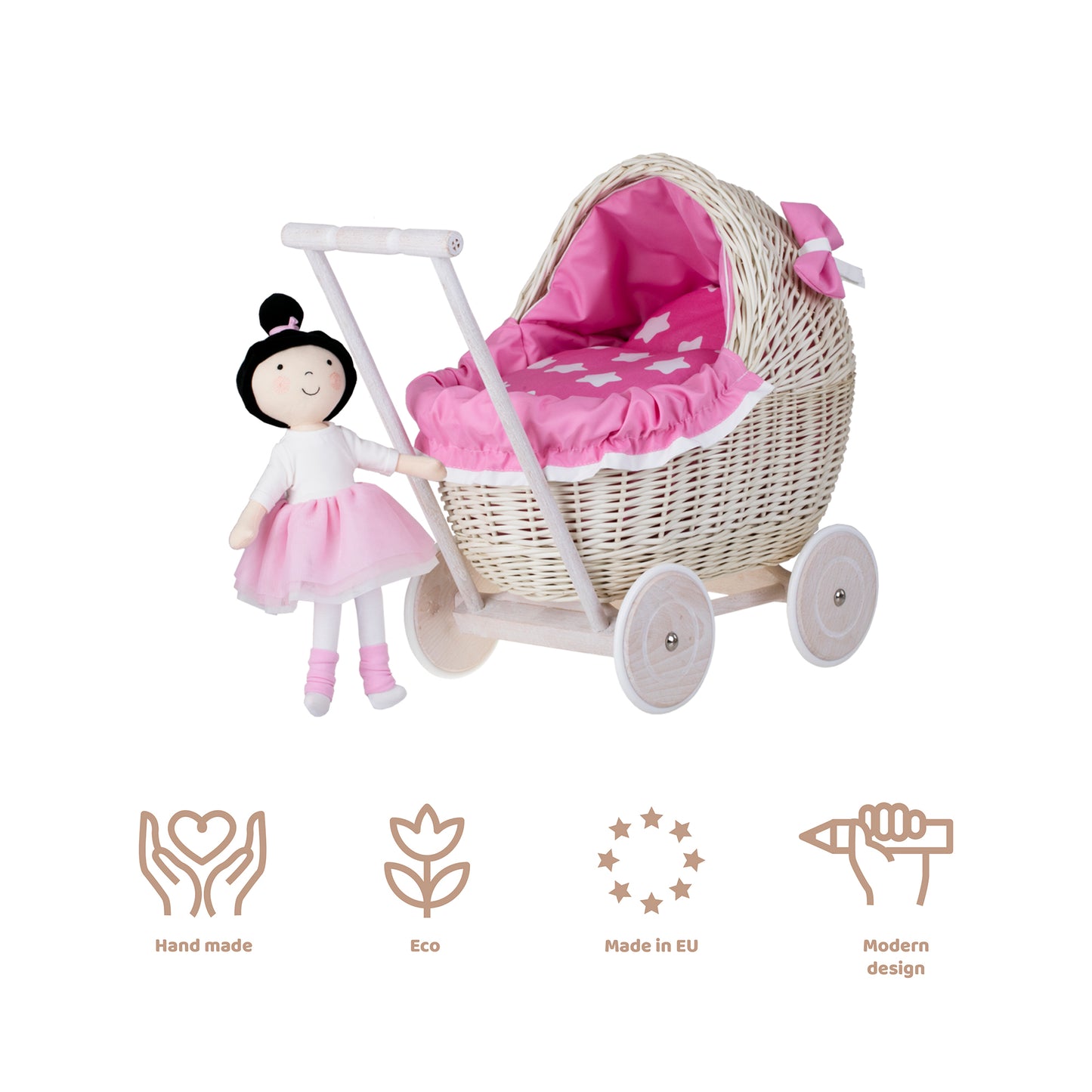 Lili wicker doll stroller with pink trim, blanket, and pillow