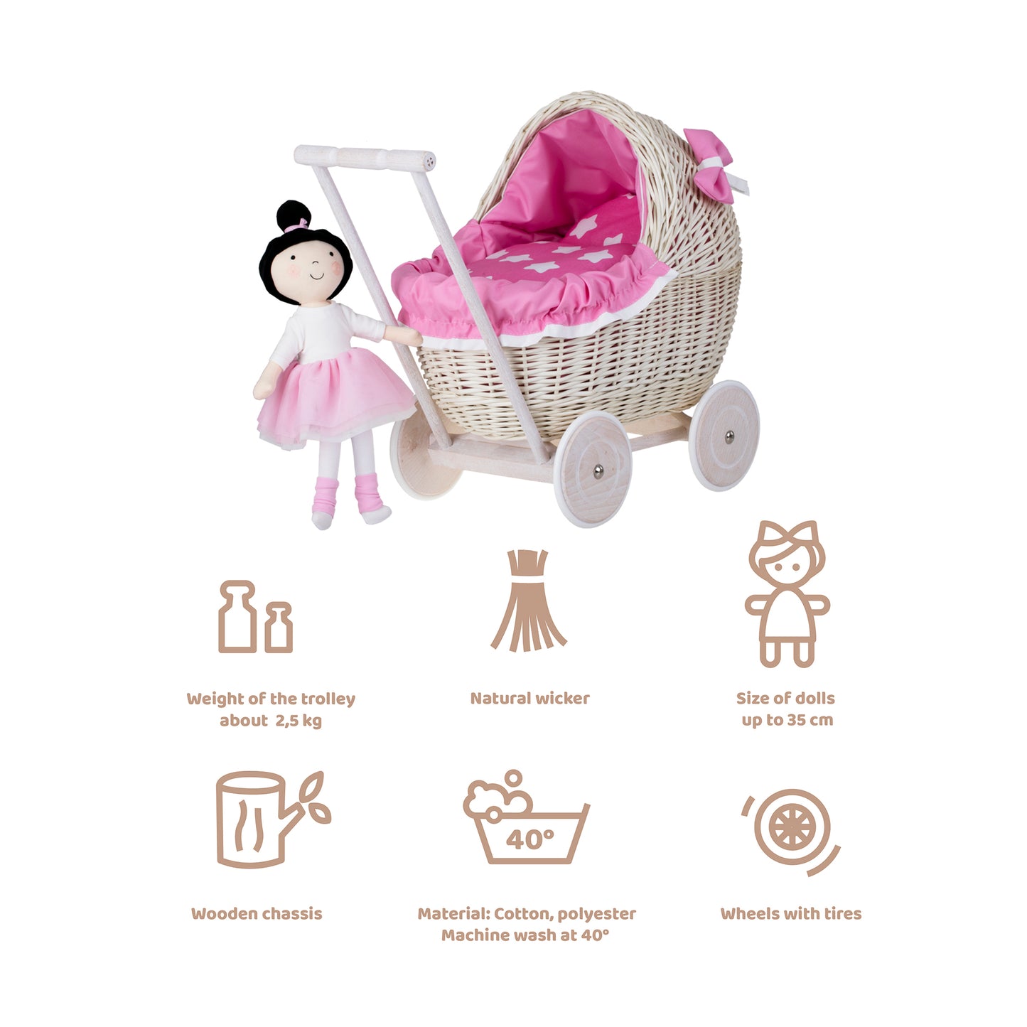 Lili wicker doll stroller with pink trim, blanket, and pillow