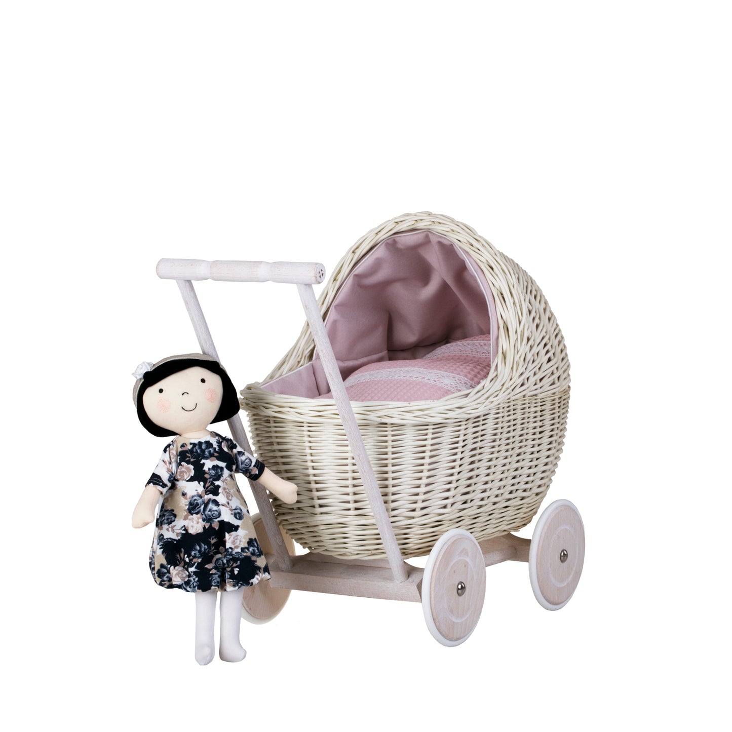 Lili wicker doll stroller with pink trim, blanket, and pillow