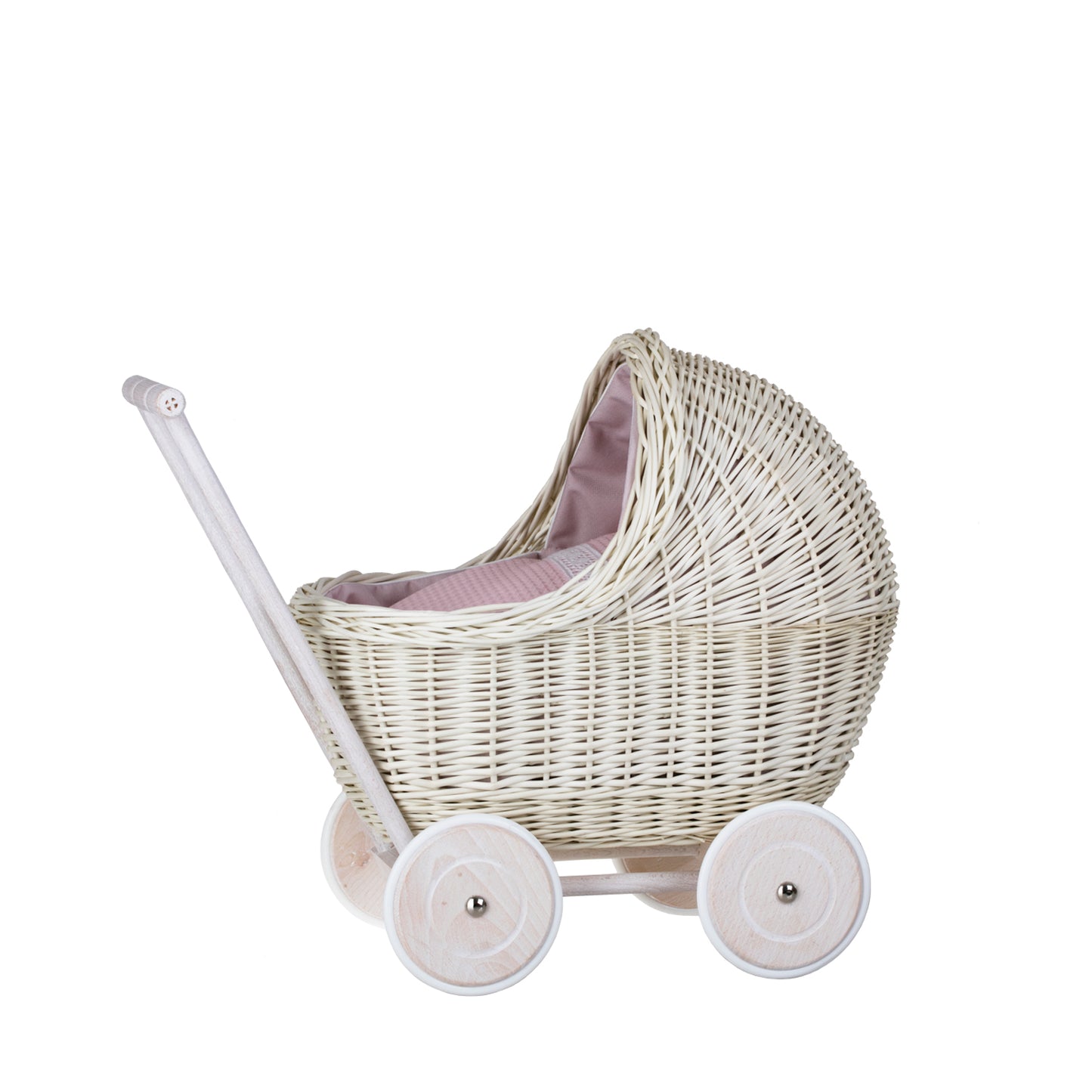 Lili wicker doll stroller with pink trim, blanket, and pillow