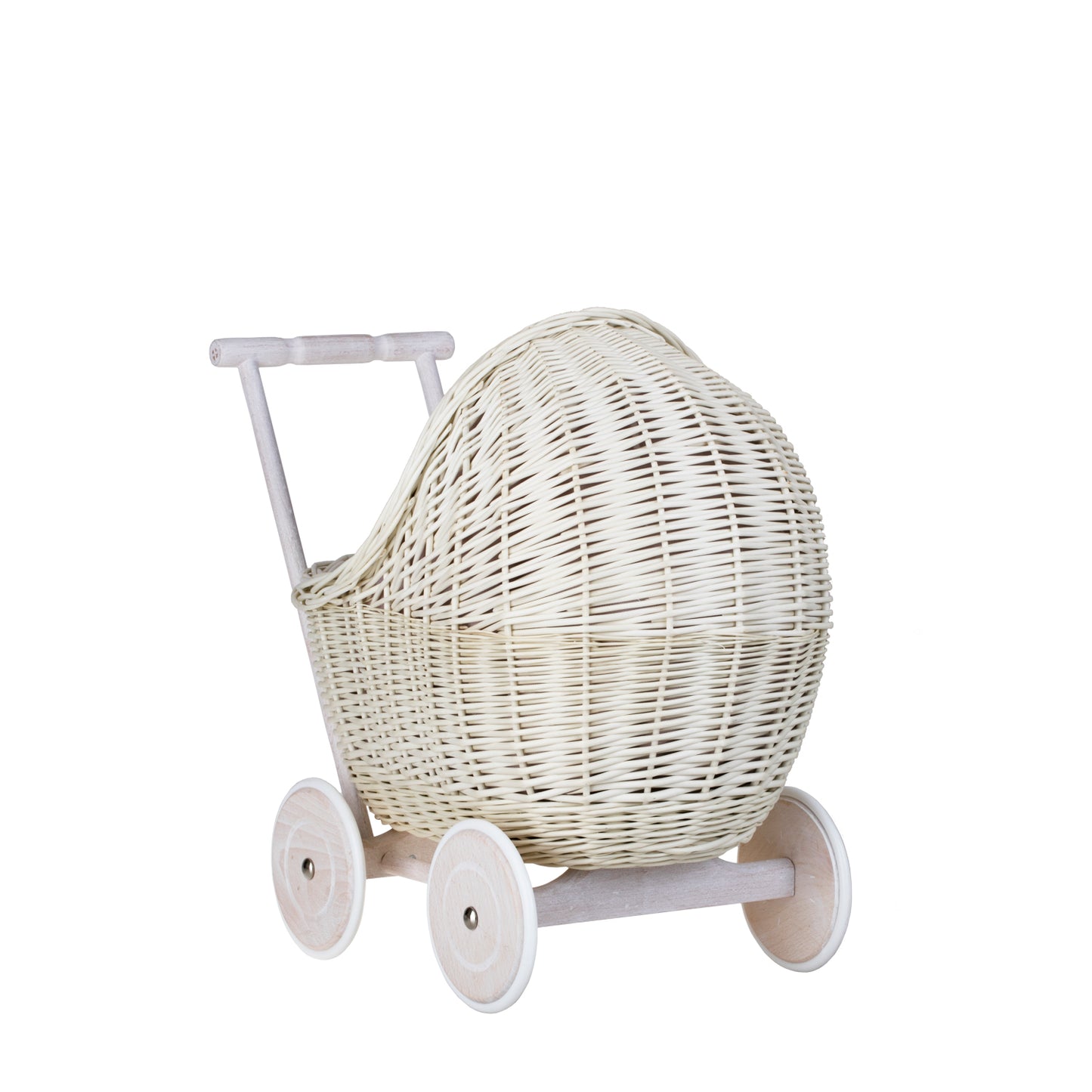 Lili wicker doll stroller with pink trim, blanket, and pillow