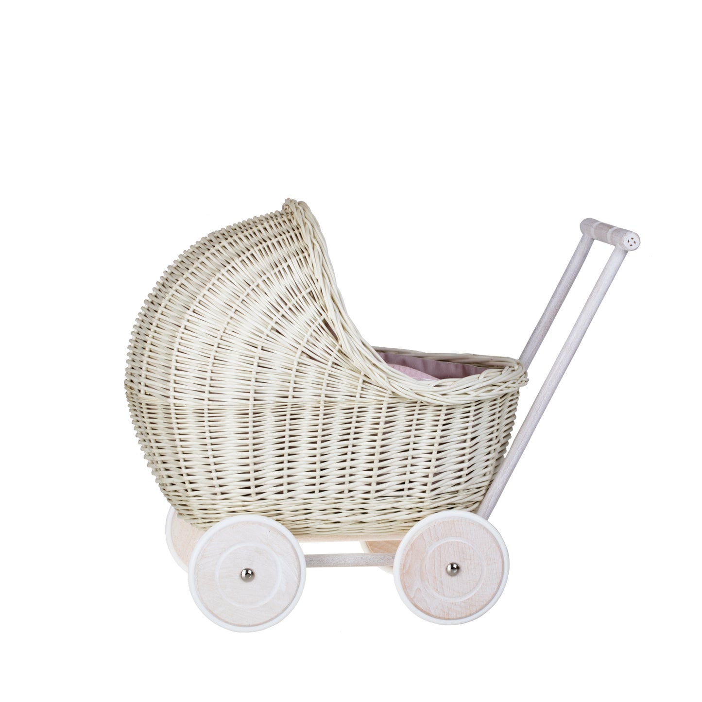 Lili wicker doll stroller with pink trim, blanket, and pillow