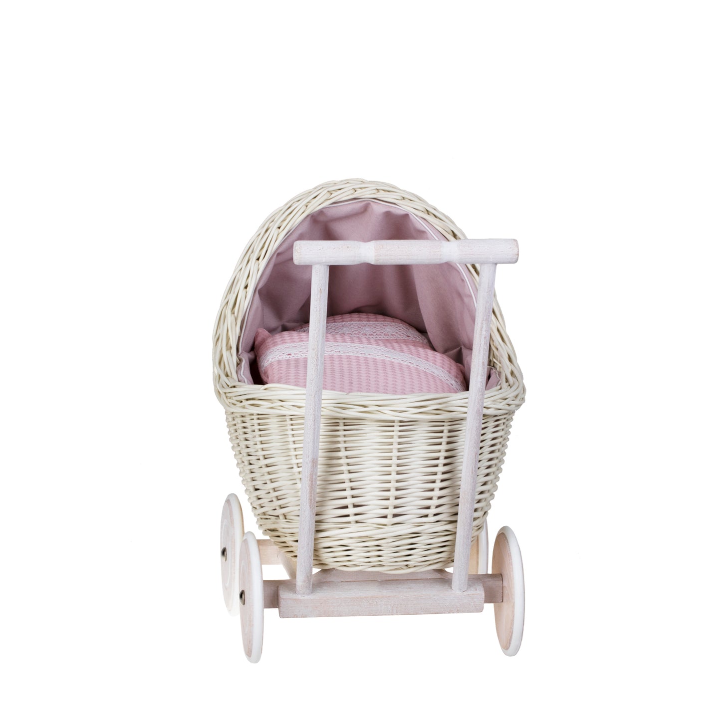 Lili wicker doll stroller with pink trim, blanket, and pillow