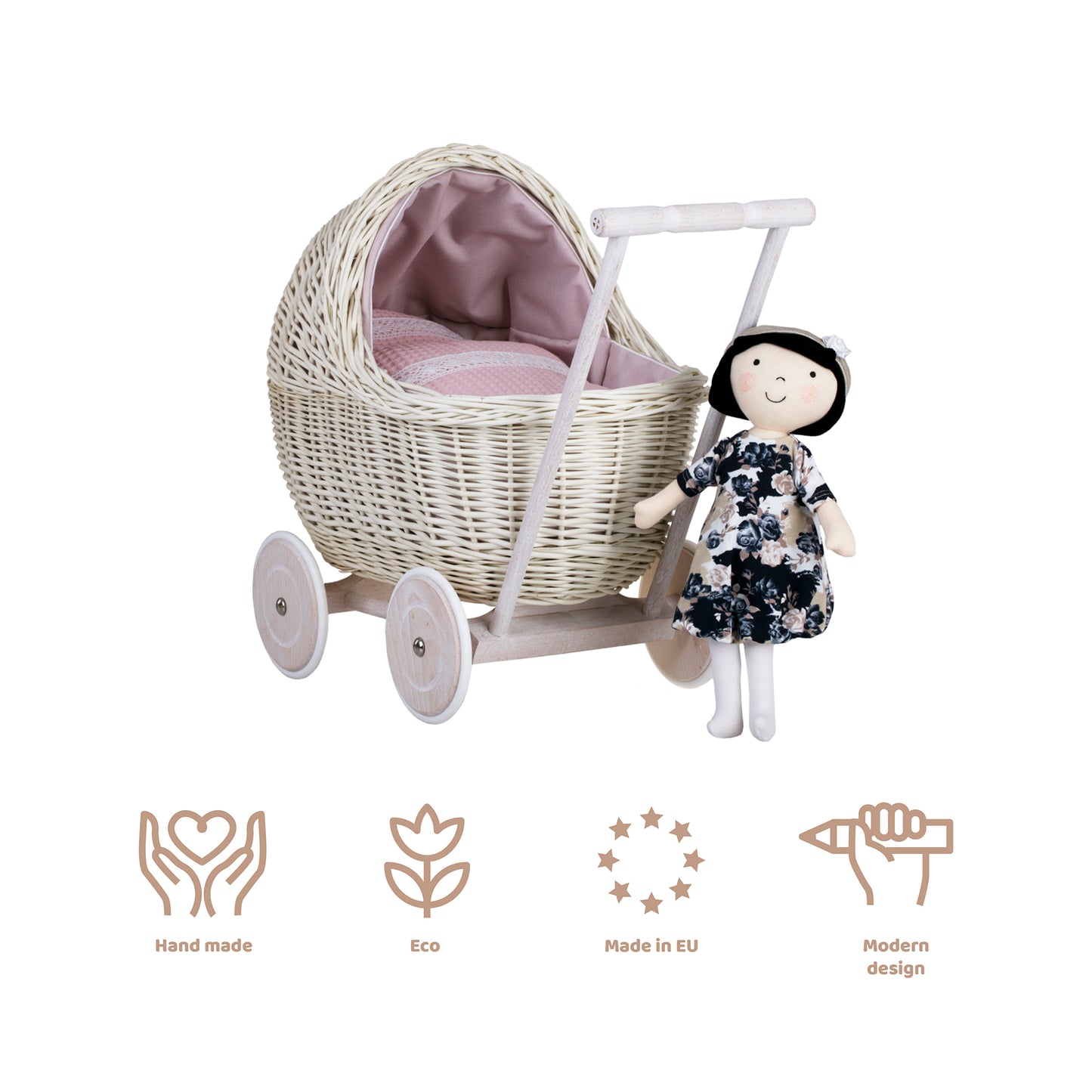 Lili wicker doll stroller with pink trim, blanket, and pillow