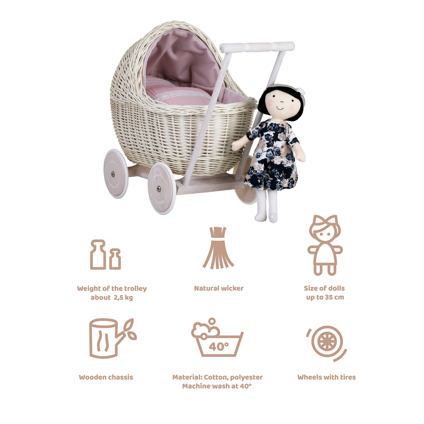 Lili wicker doll stroller with pink trim, blanket, and pillow