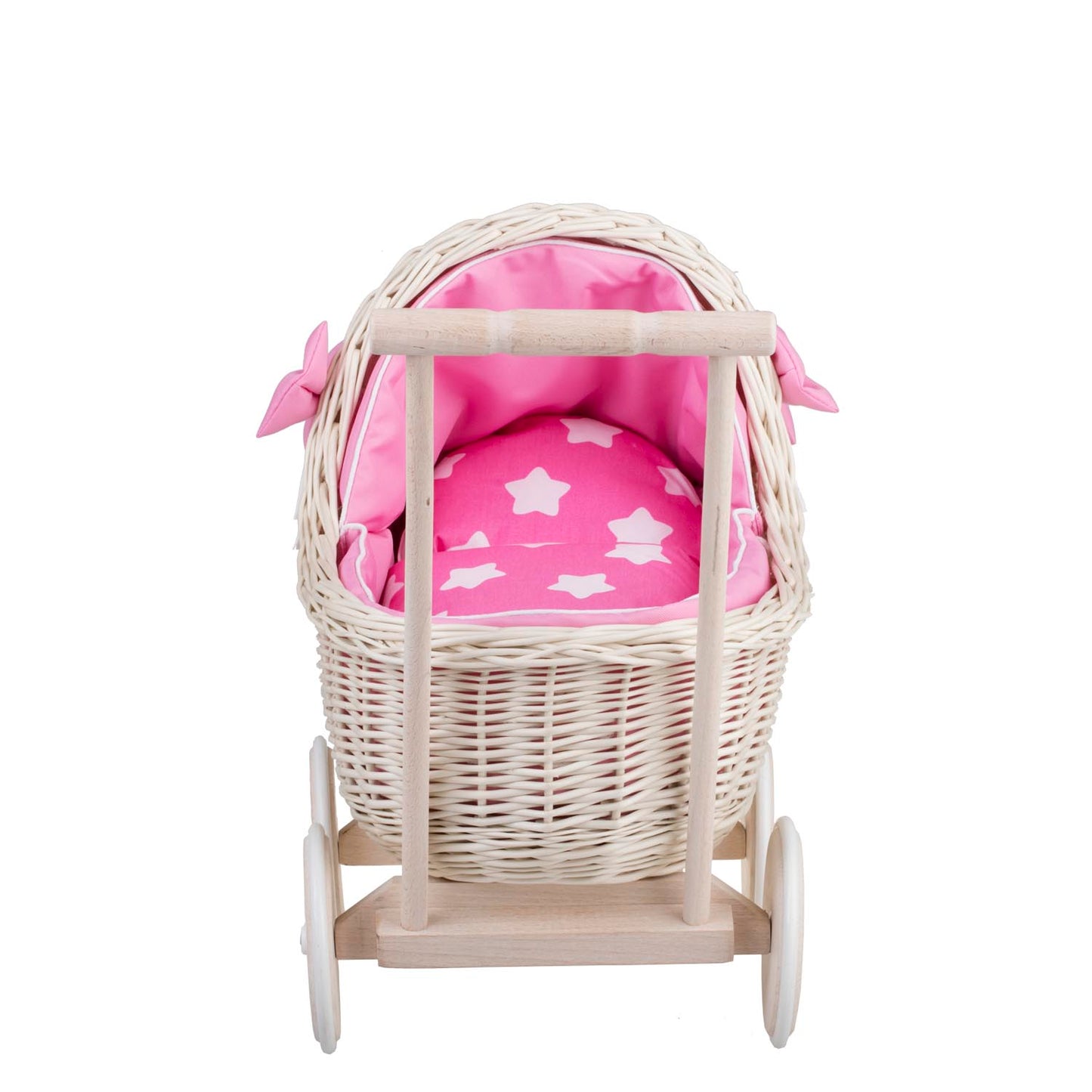 Lili wicker doll stroller with pink trim, blanket, and pillow