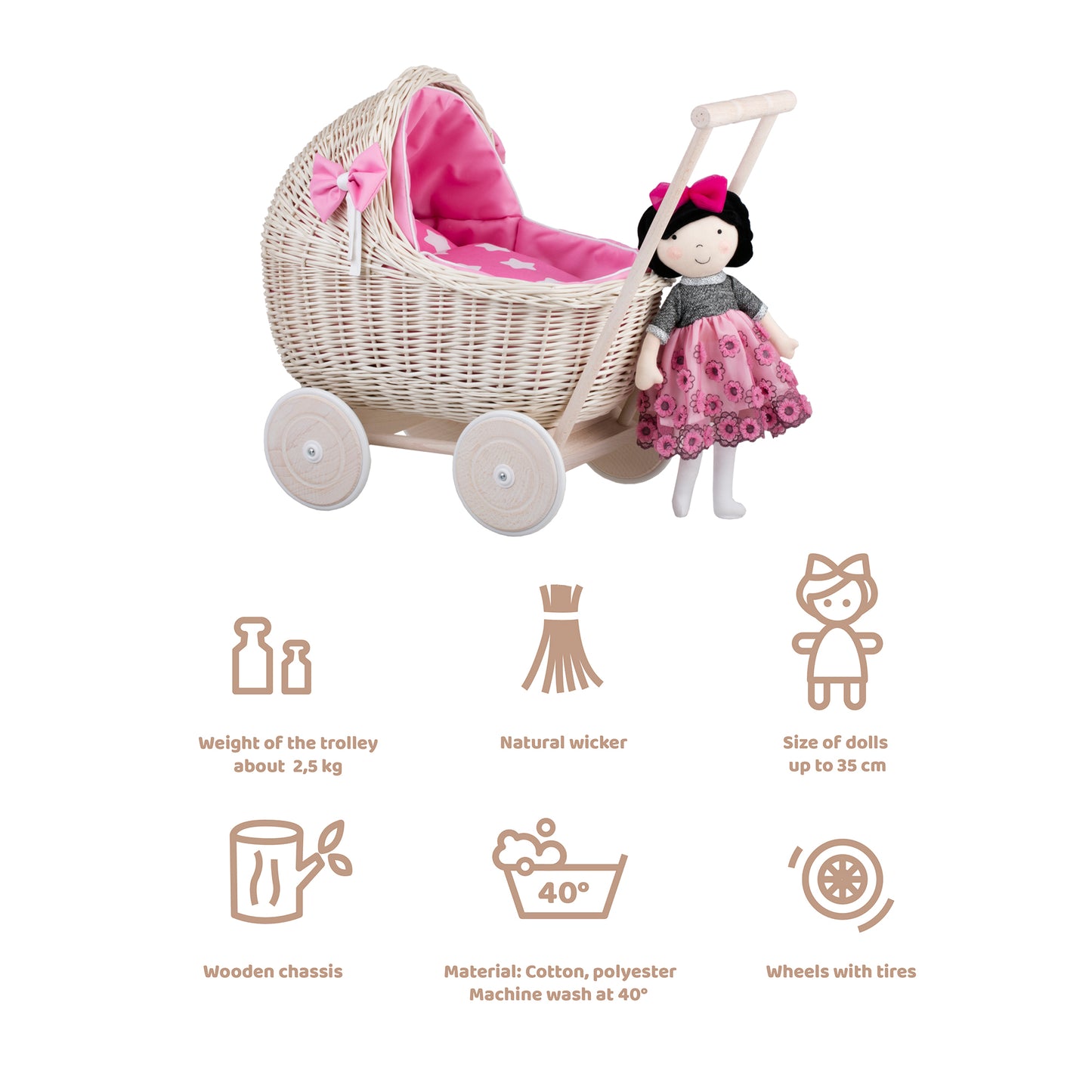 Lili wicker doll stroller with pink trim, blanket, and pillow