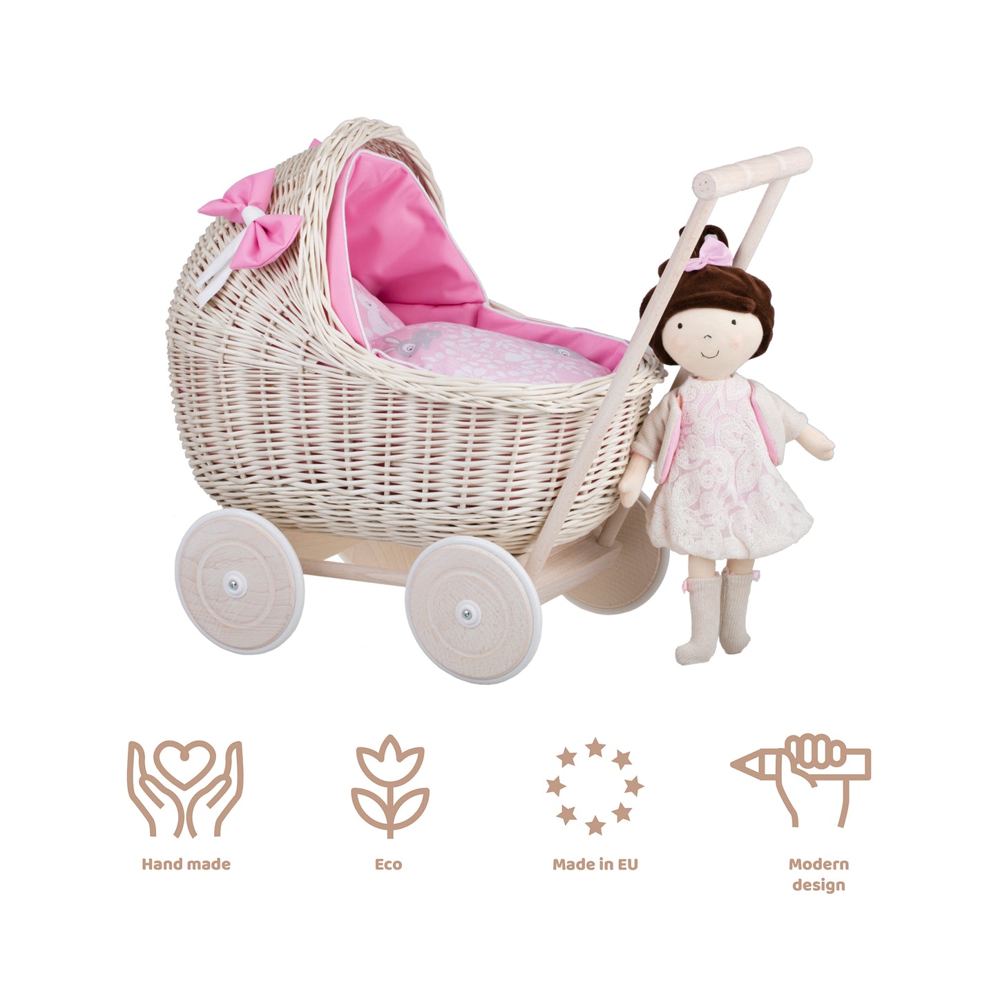Lili wicker doll stroller with pink trim, blanket, and pillow