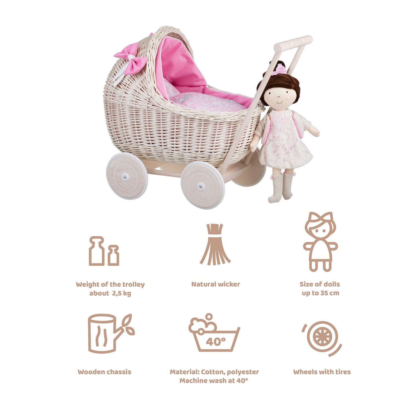 Lili wicker doll stroller with pink trim, blanket, and pillow