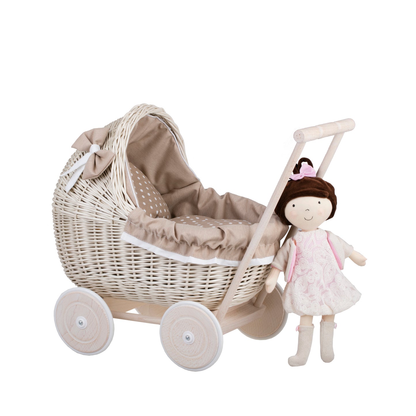 Lili wicker doll stroller with beige trim, blanket, and pillow