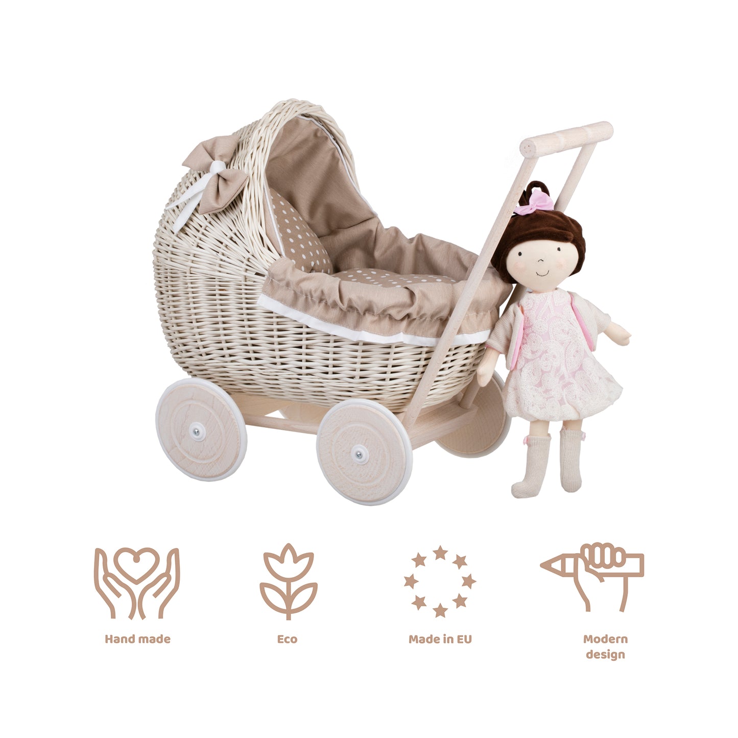 Lili wicker doll stroller with beige trim, blanket, and pillow