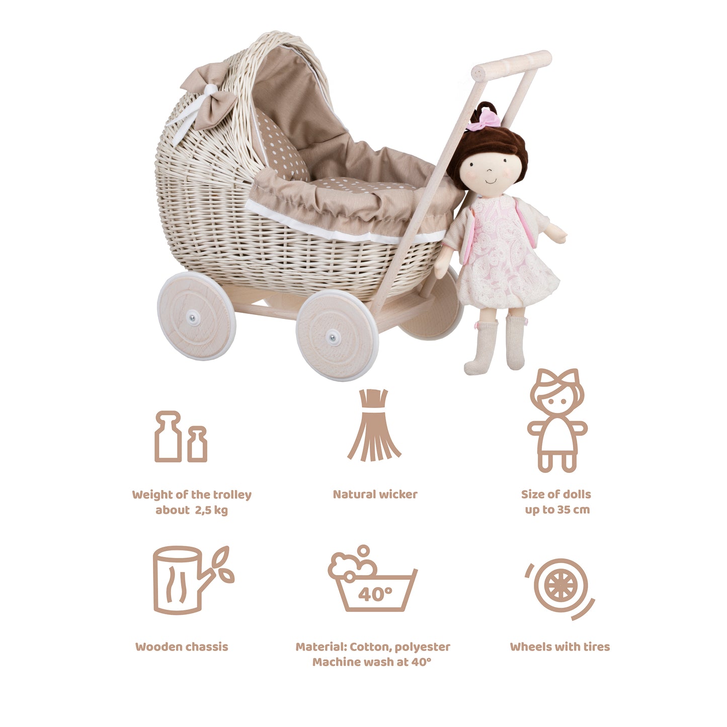 Lili wicker doll stroller with beige trim, blanket, and pillow