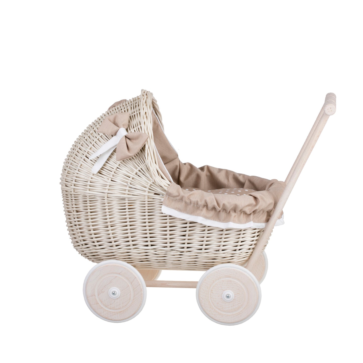 Lili wicker doll stroller with beige trim, blanket, and pillow