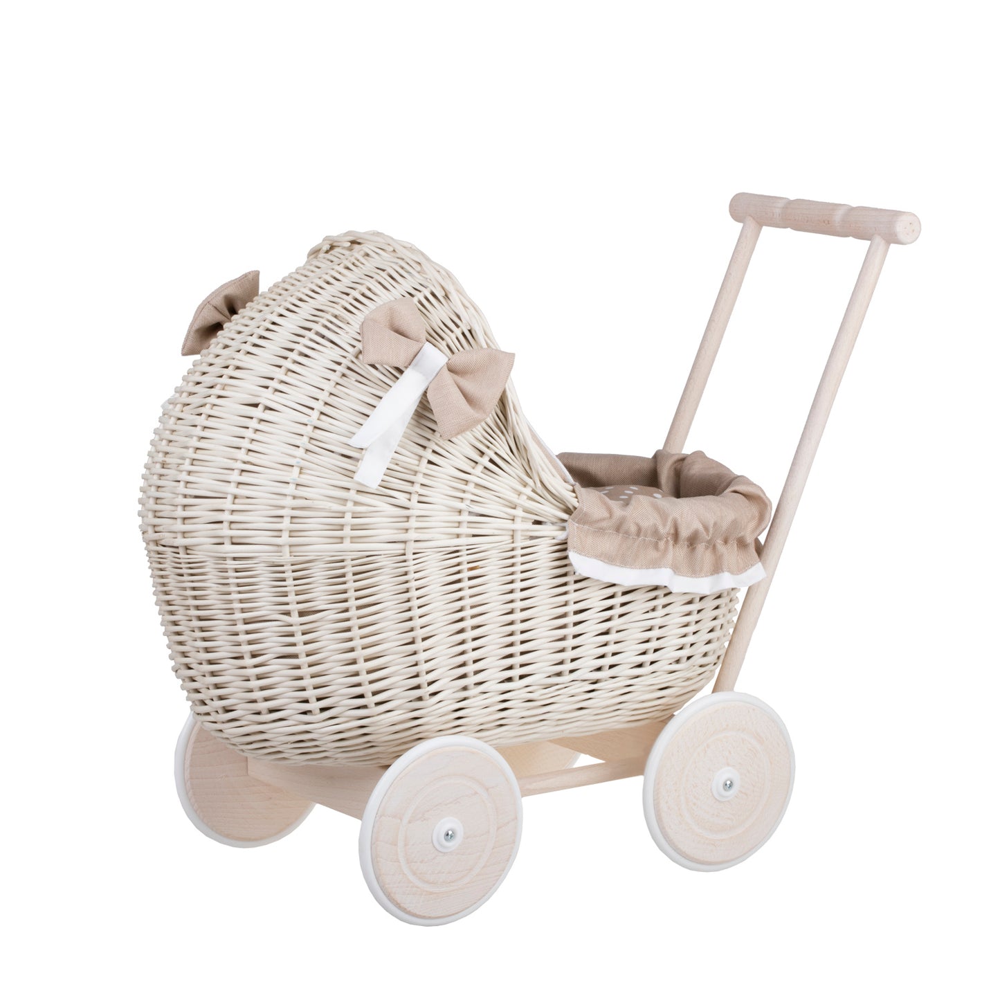Lili wicker doll stroller with beige trim, blanket, and pillow
