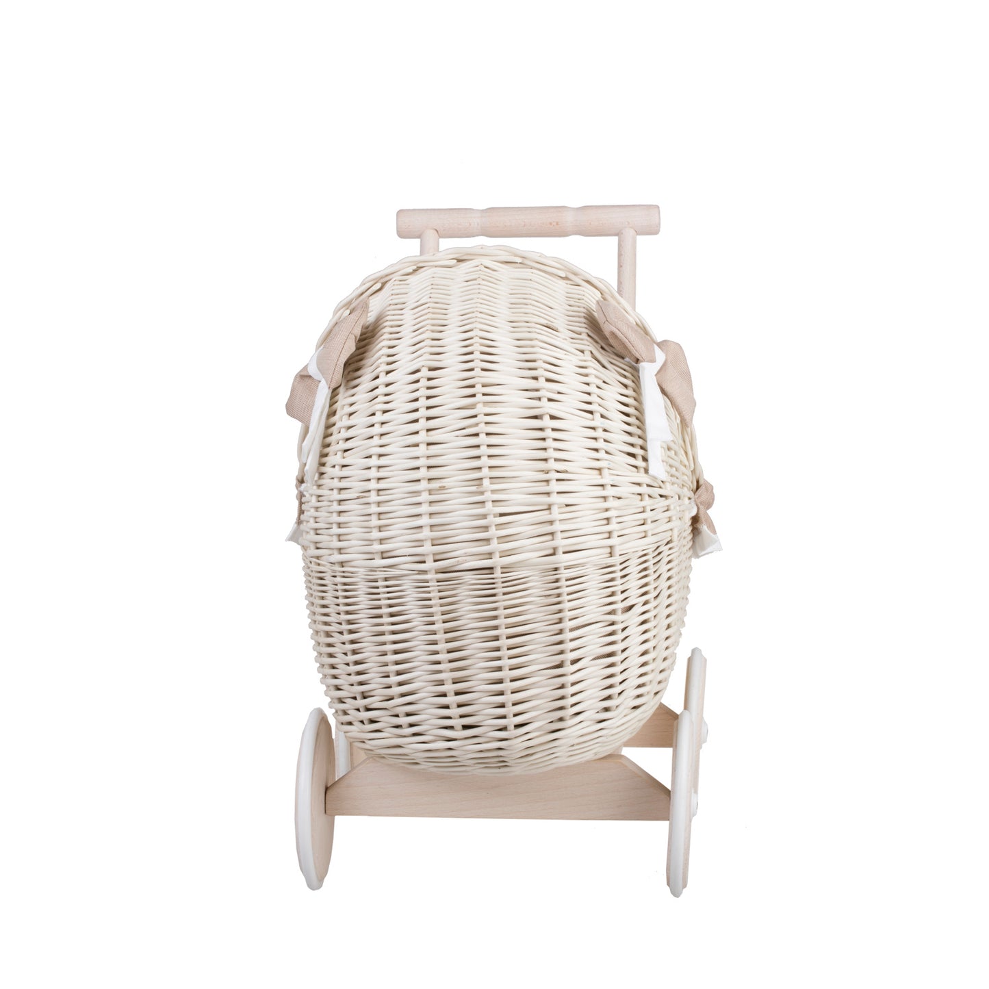 Lili wicker doll stroller with beige trim, blanket, and pillow