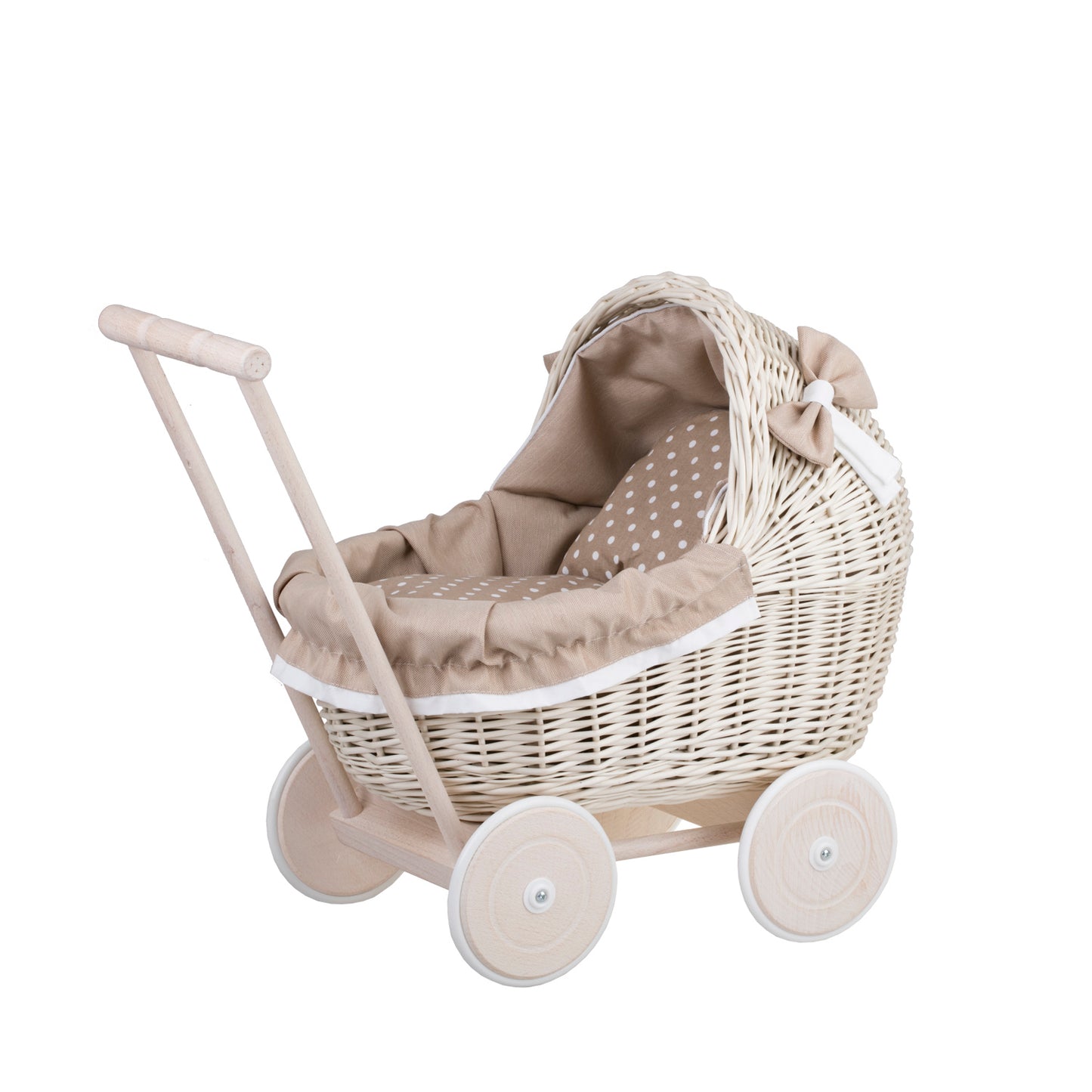 Lili wicker doll stroller with beige trim, blanket, and pillow