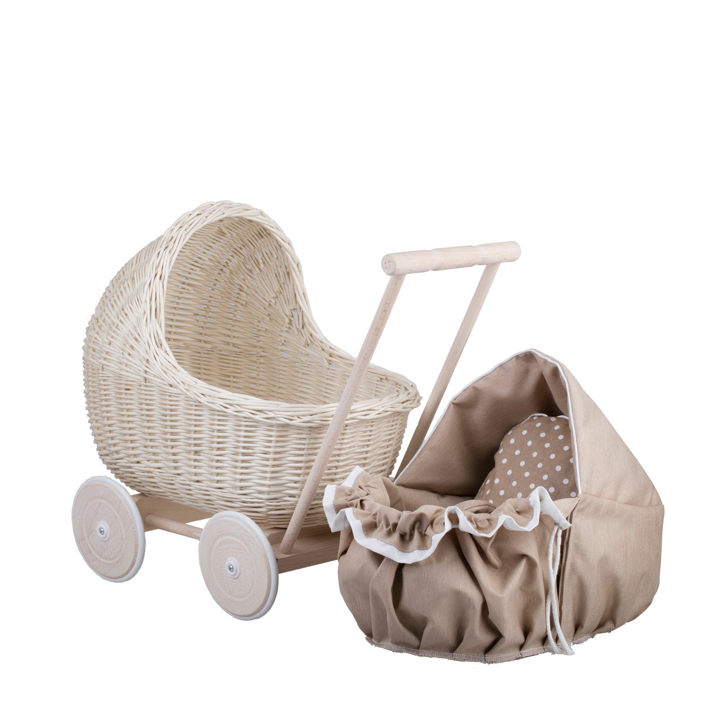 Lili wicker doll stroller with beige trim, blanket, and pillow