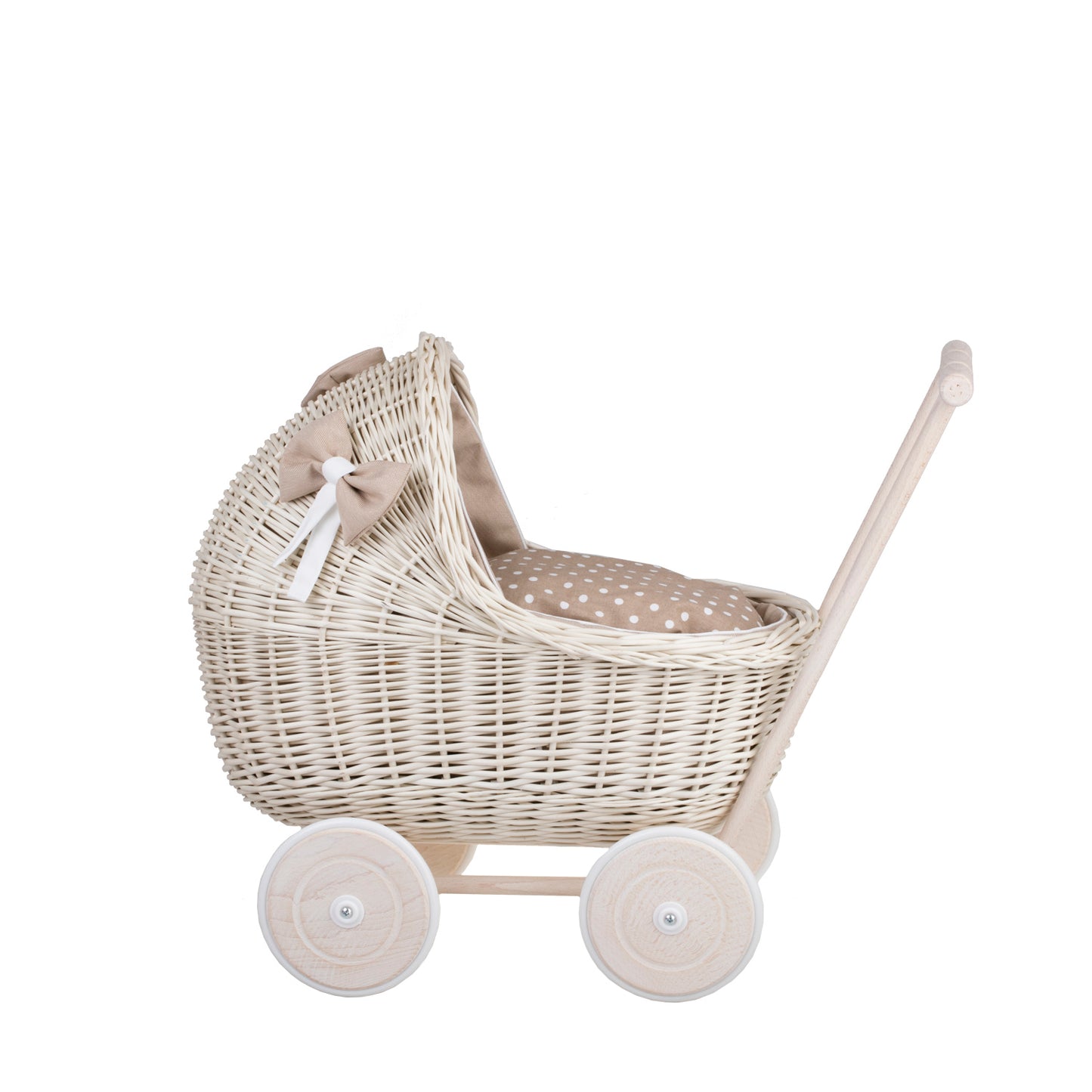 Lili wicker doll stroller with beige trim, blanket, and pillow