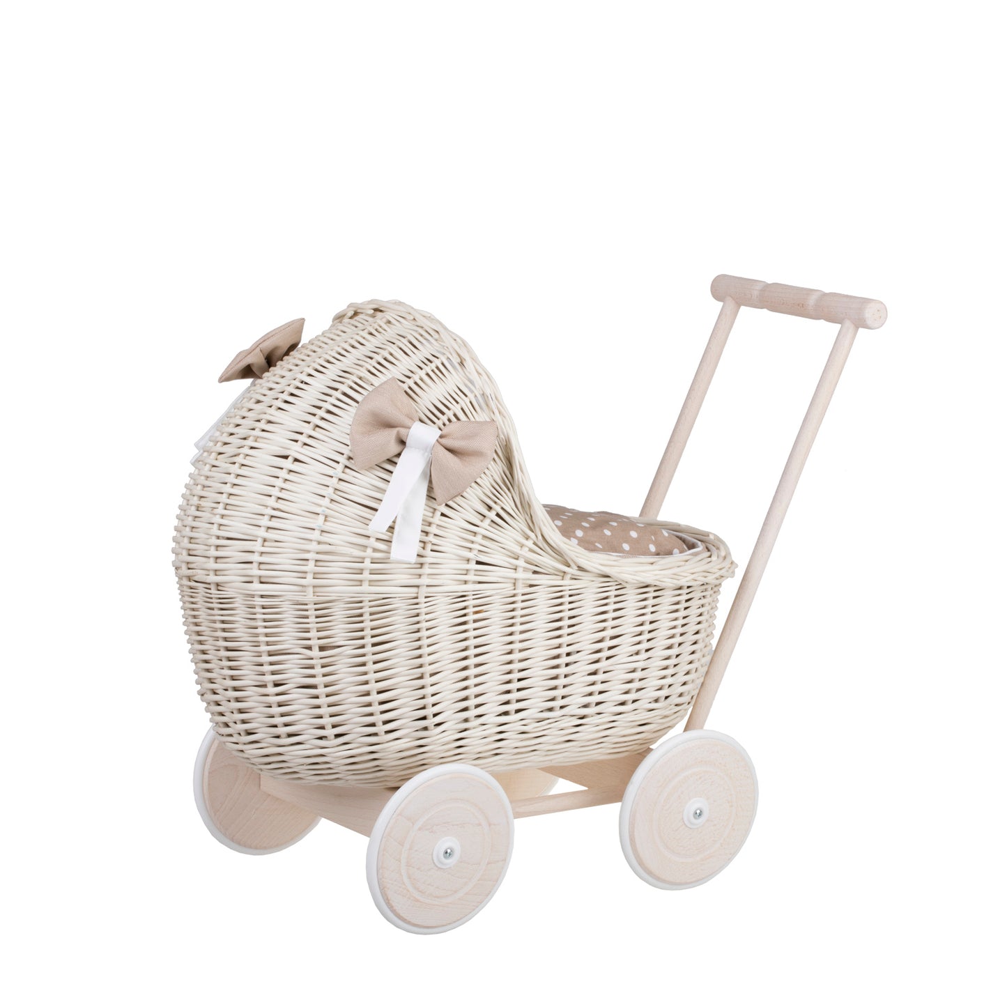 Lili wicker doll stroller with beige trim, blanket, and pillow