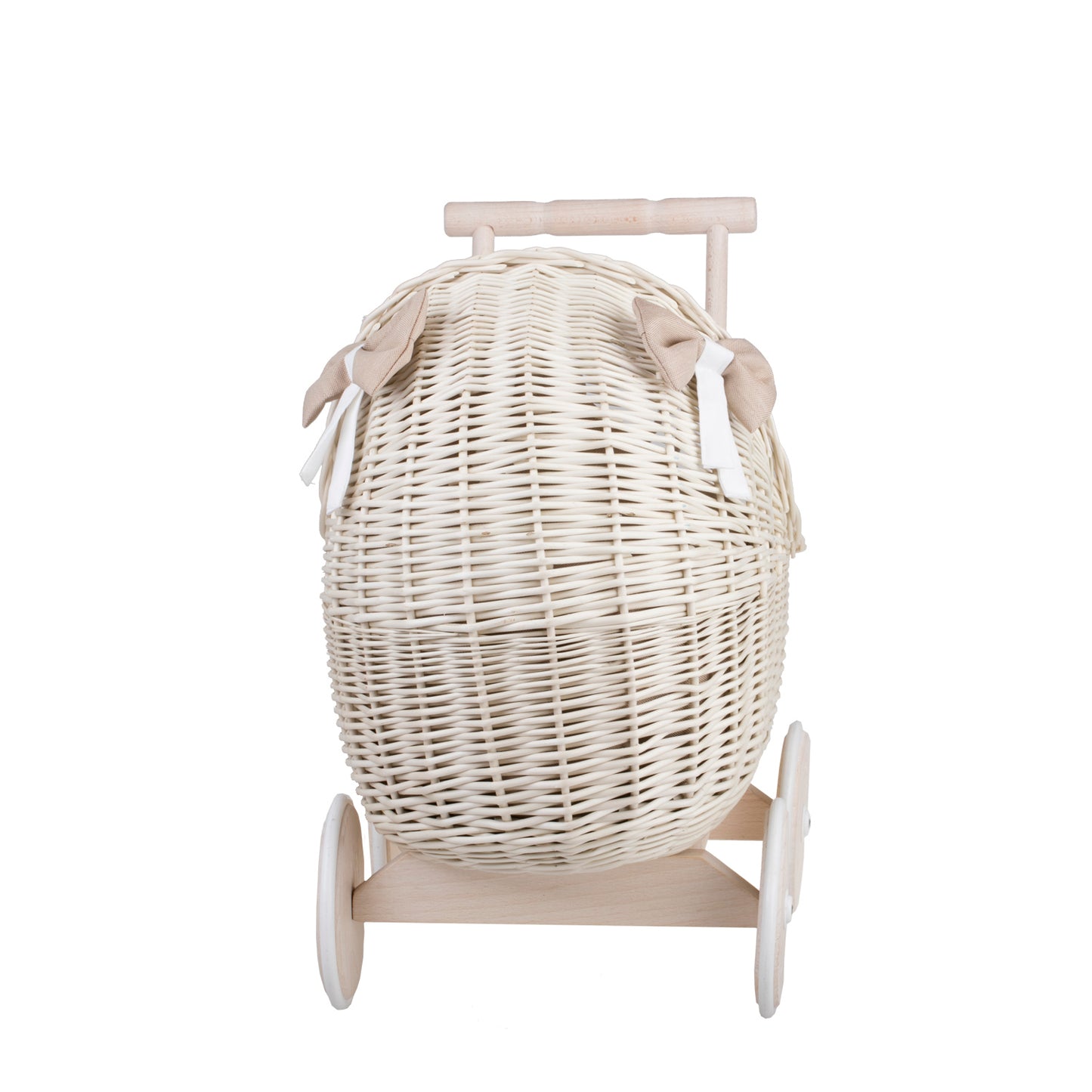 Lili wicker doll stroller with beige trim, blanket, and pillow
