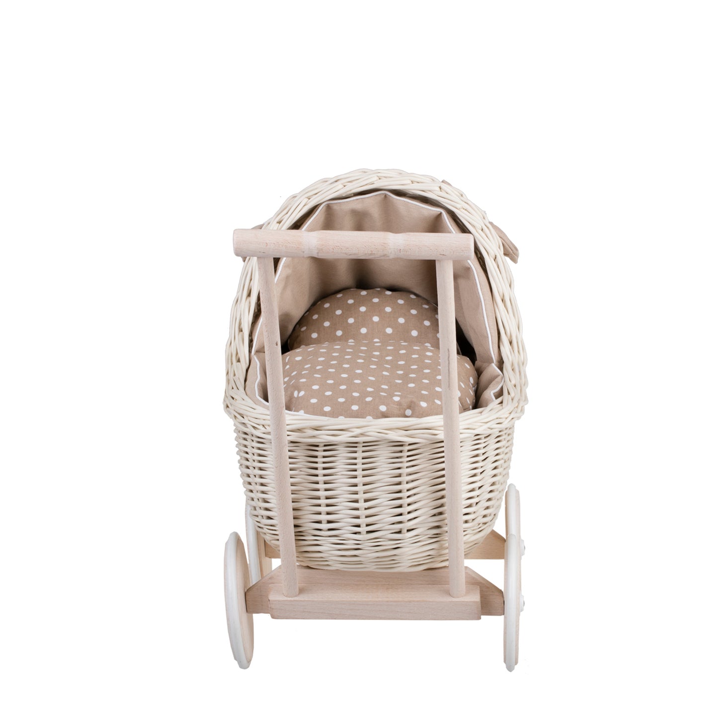 Lili wicker doll stroller with beige trim, blanket, and pillow
