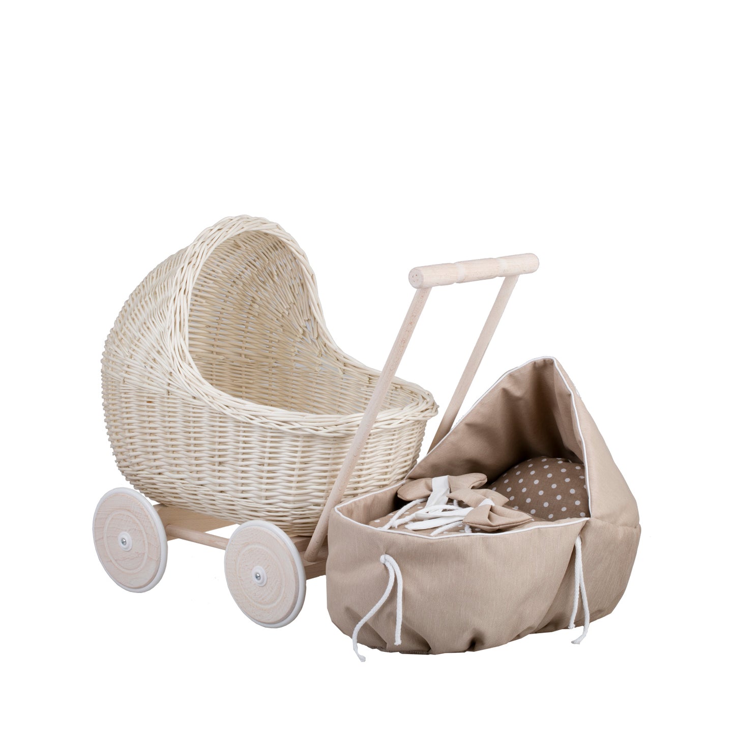 Lili wicker doll stroller with beige trim, blanket, and pillow
