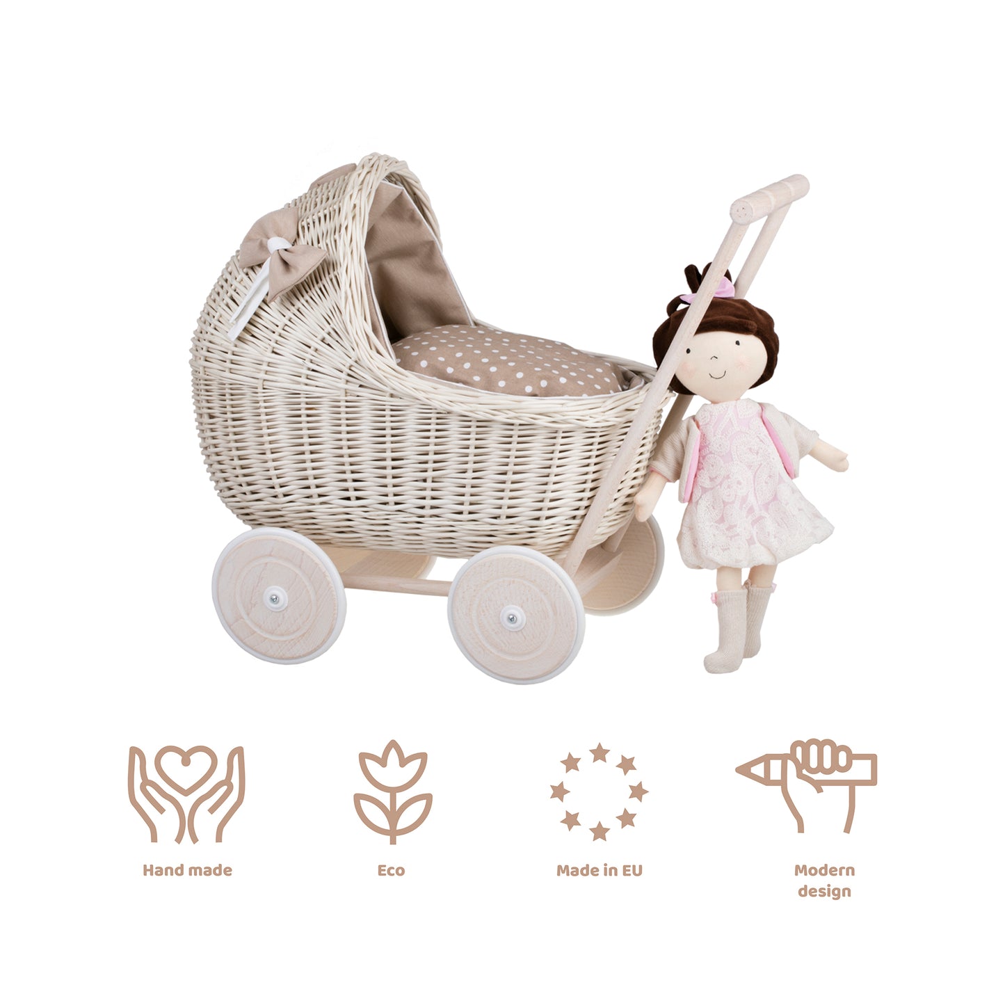 Lili wicker doll stroller with beige trim, blanket, and pillow