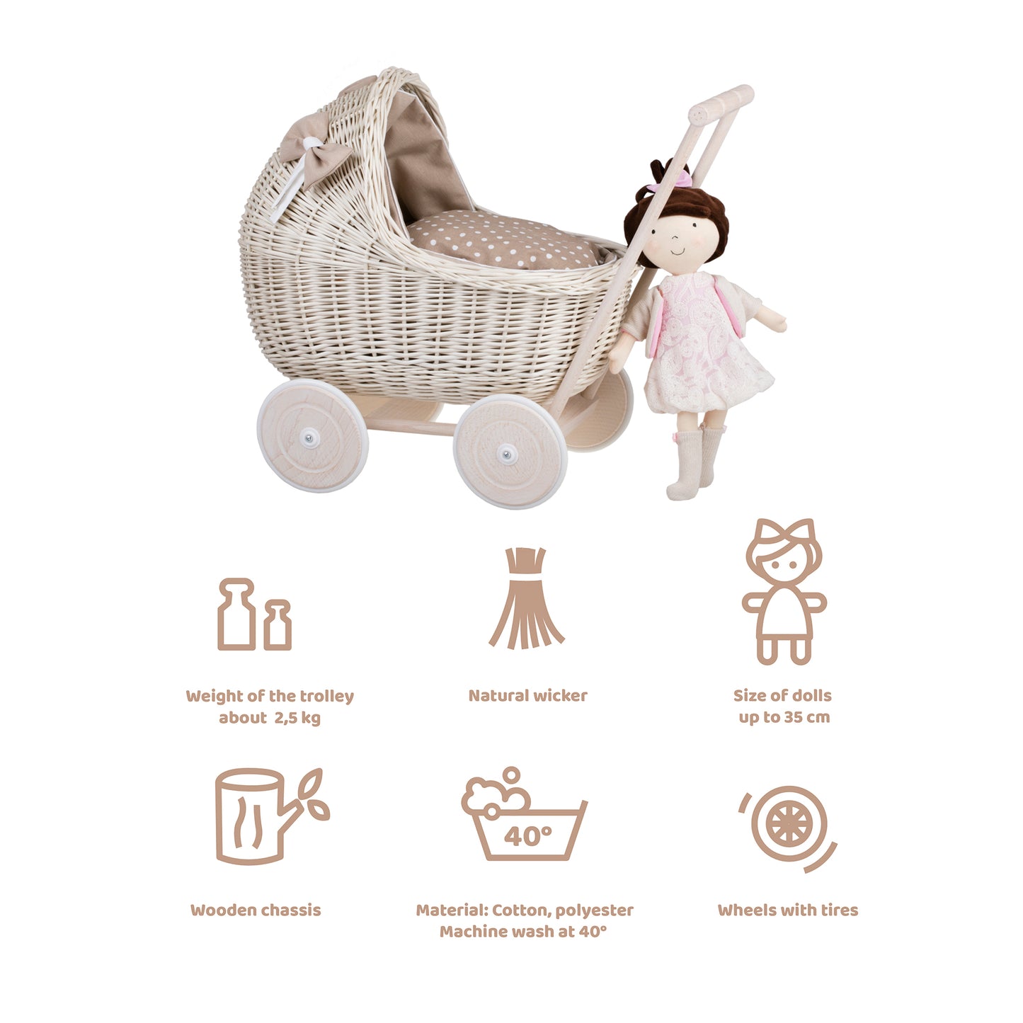 Lili wicker doll stroller with beige trim, blanket, and pillow