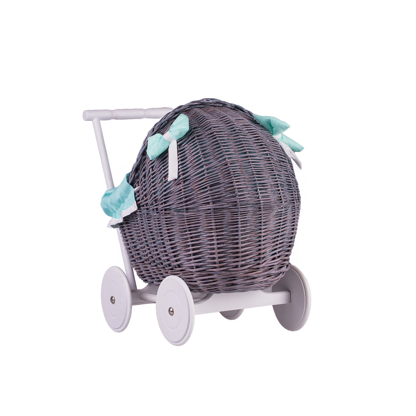 Lili wicker doll stroller with mint trim, blanket, and pillow
