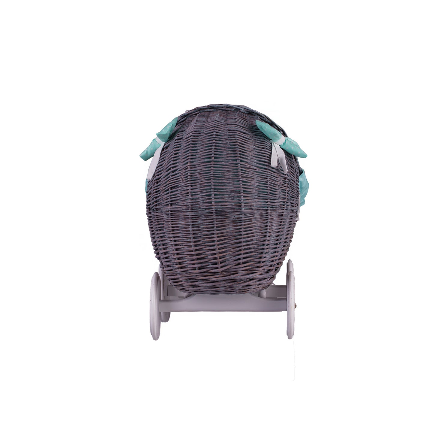 Lili wicker doll stroller with mint trim, blanket, and pillow
