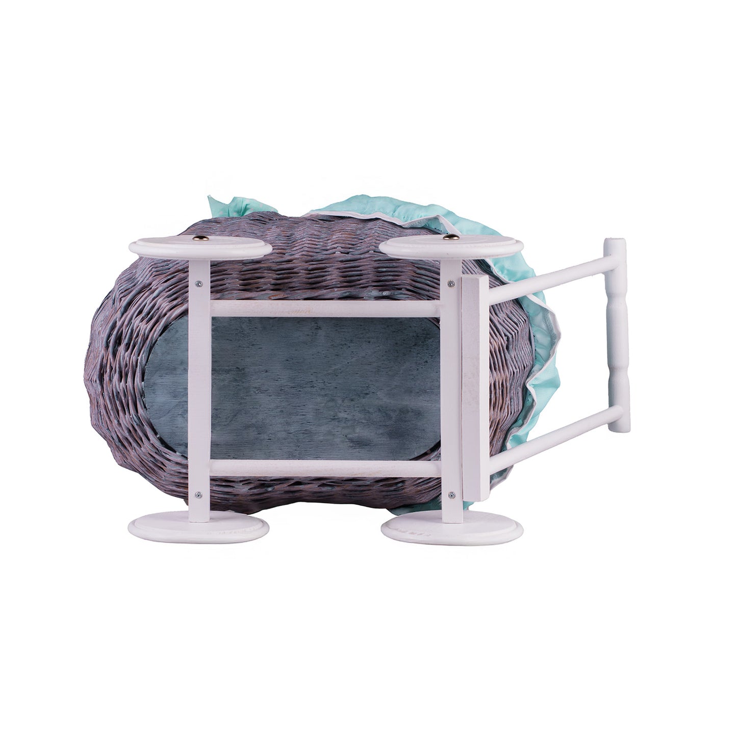 Lili wicker doll stroller with mint trim, blanket, and pillow