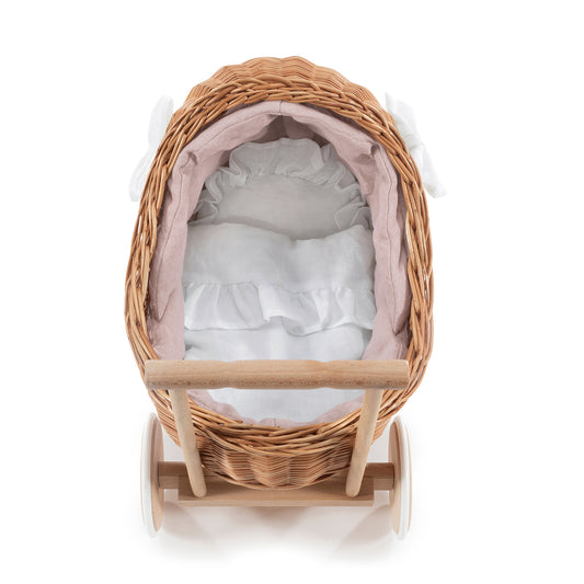 Desayer wicker doll stroller with white trim, handle, blanket, and pillow TheWickerStories