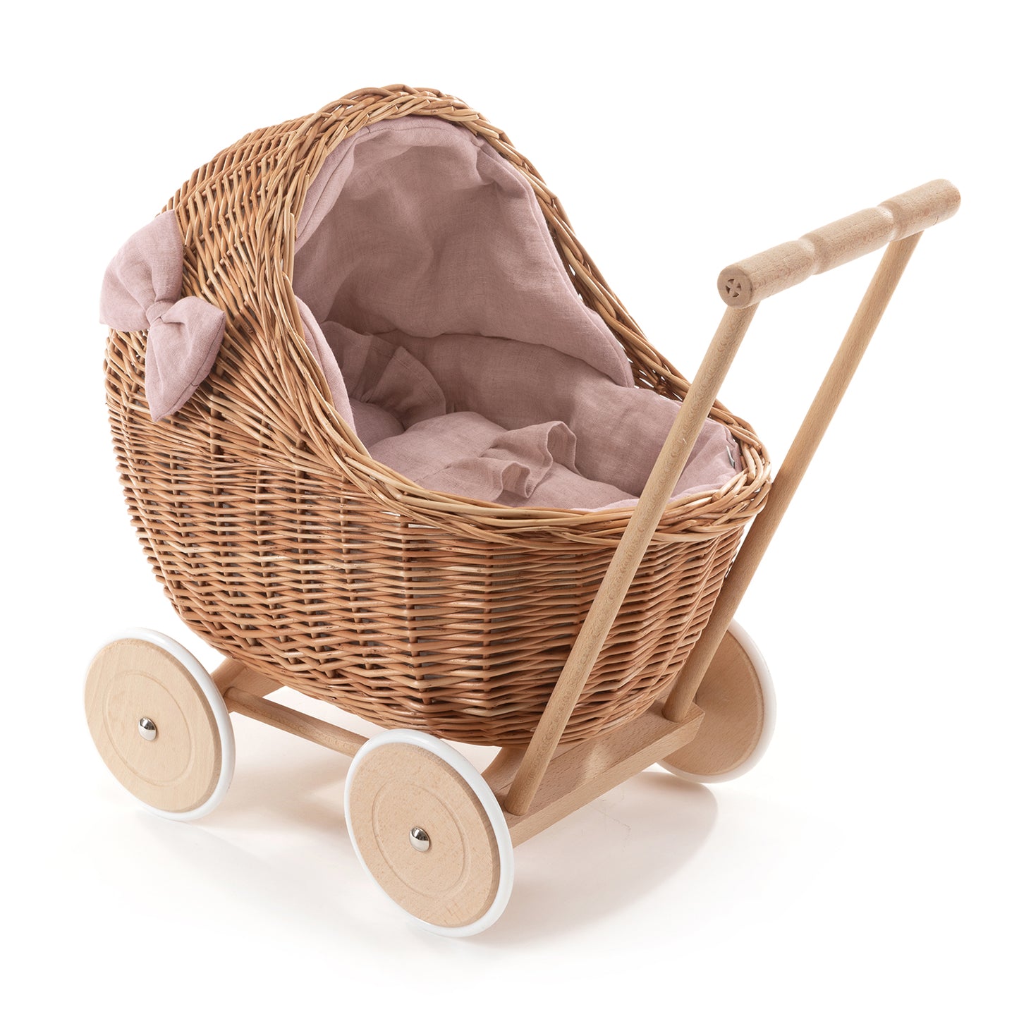 Desayer wicker doll stroller with pink trim, blanket, and pillow