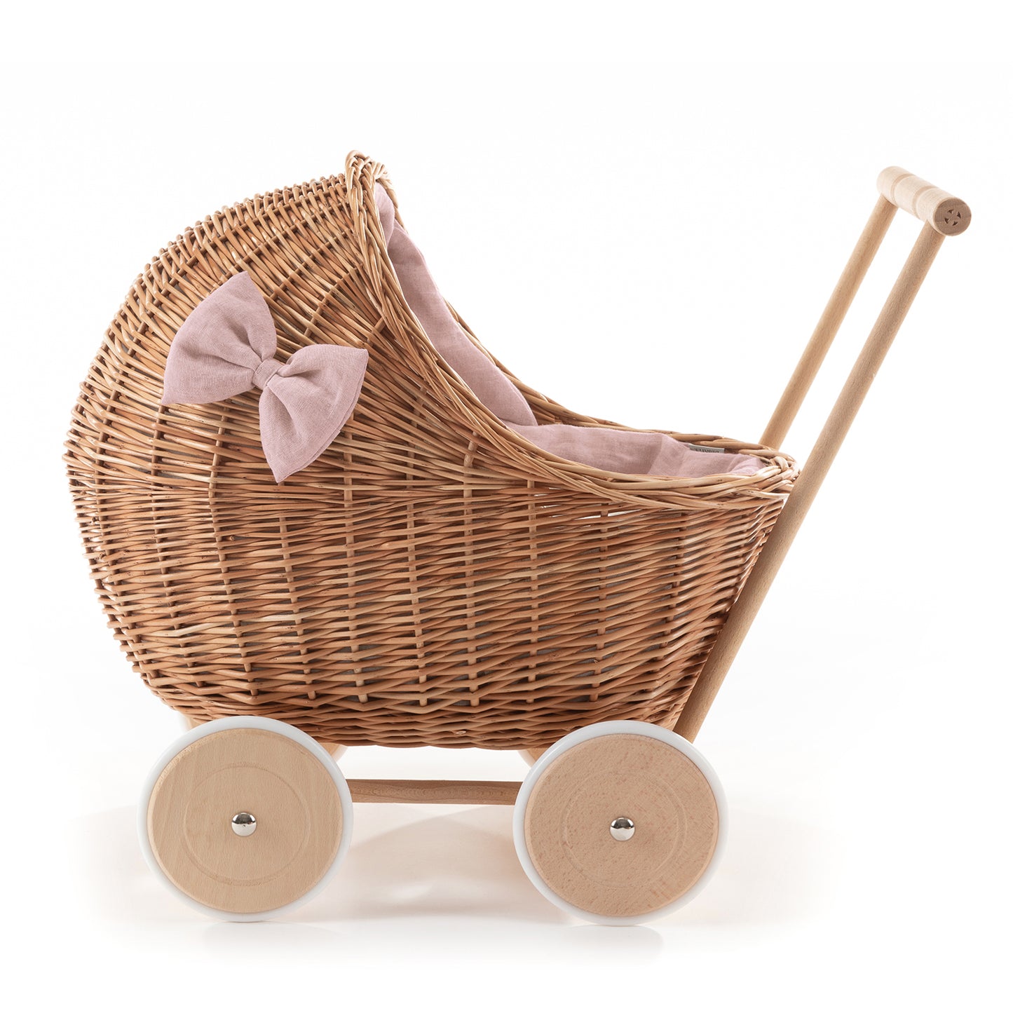 Desayer wicker doll stroller with pink trim, blanket, and pillow