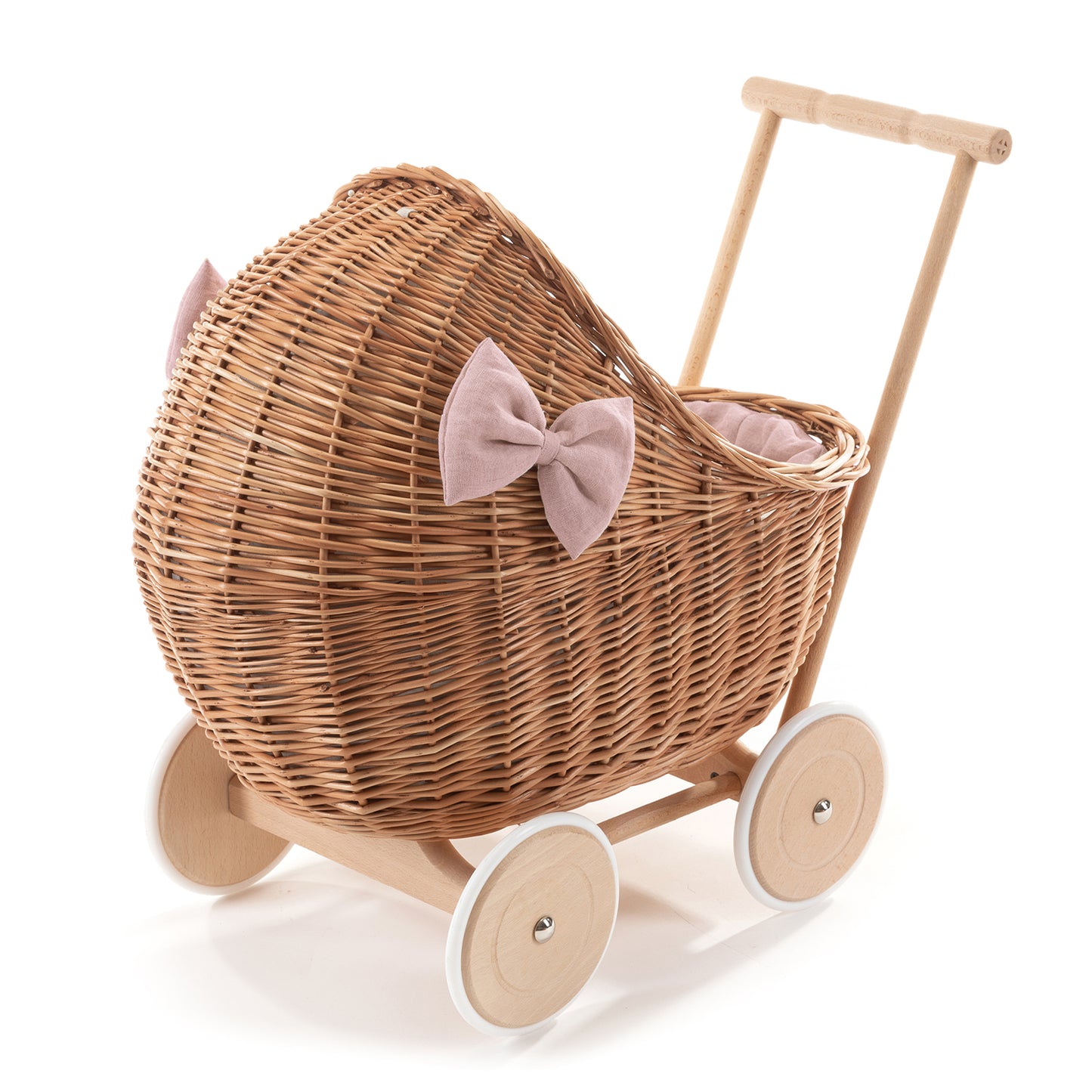 Desayer wicker doll stroller with pink trim, blanket, and pillow