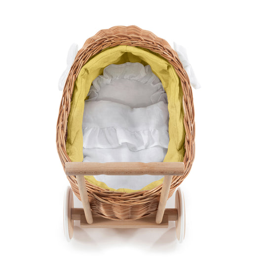 Desayer wicker doll stroller with yellow linen trim, featuring a handle, blanket, and pillow TheWickerStories