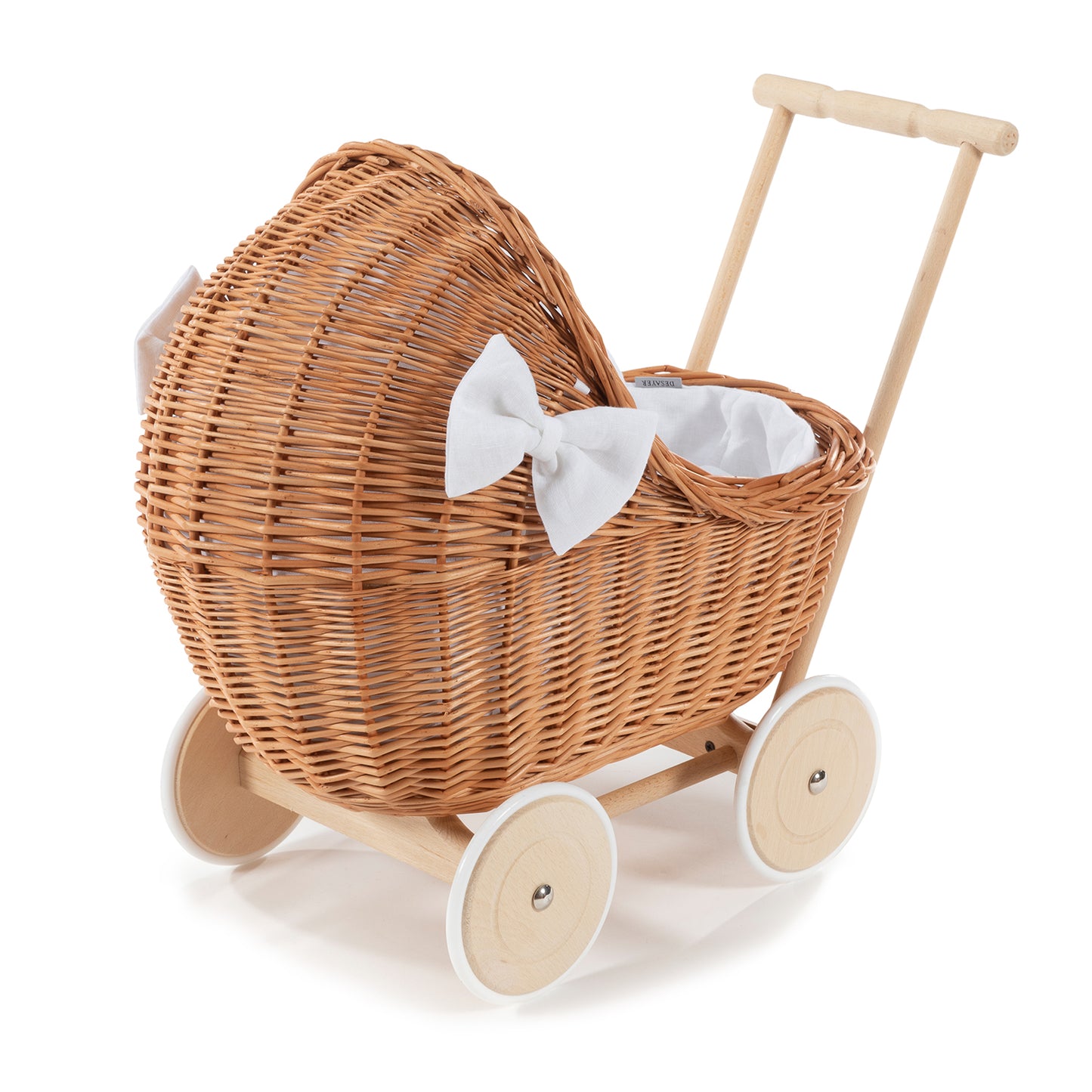 Desayer wicker doll stroller with yellow linen trim, featuring a handle, blanket, and pillow TheWickerStories