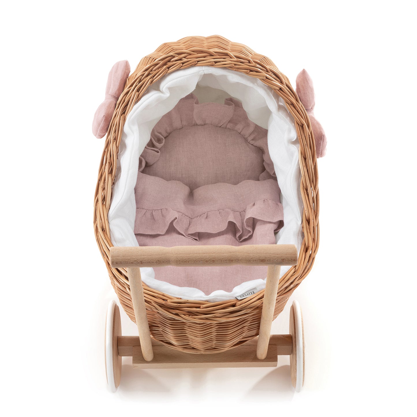 Desayer Rieten poppenwagen van wilgentenen met roze bies, inclusief dekentje en kussentje, voorzien van handvat en stille wielen