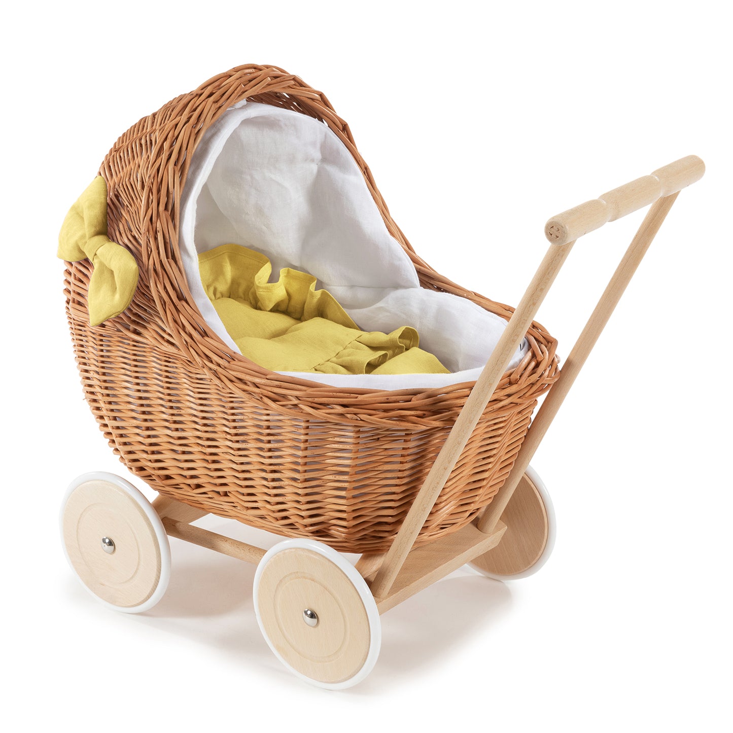 Desayer Handgemaakte rieten poppenwagen met witte afwerking, dekentje en kussentje